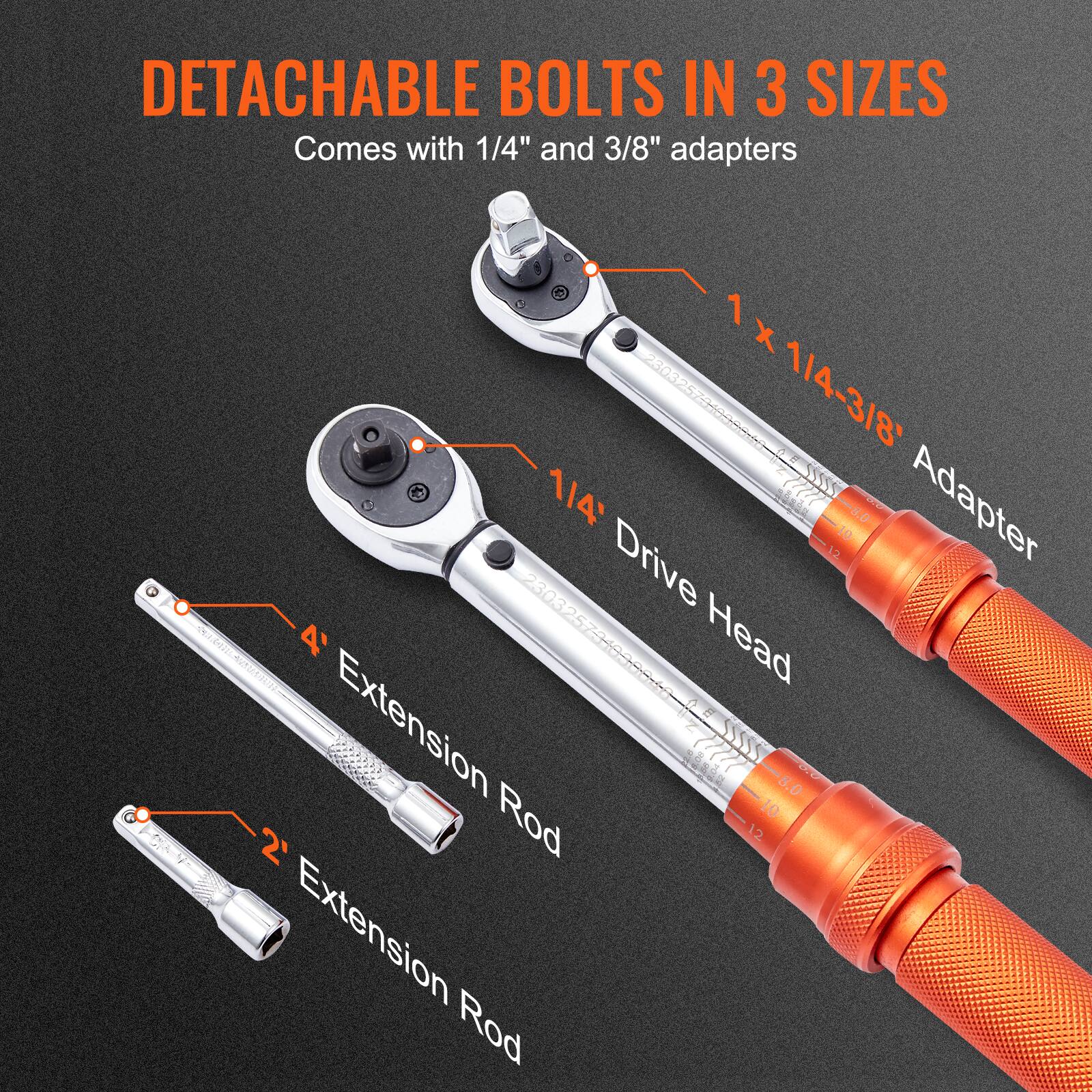 DETACHABLE BOLTS IN 3 SIZES  
Comes with 1/4" and 3/8" adapters  

1 x 1/4-3/8" Adapter  
1/4" Drive Head  
4" Extension Rod  
2" Extension Rod