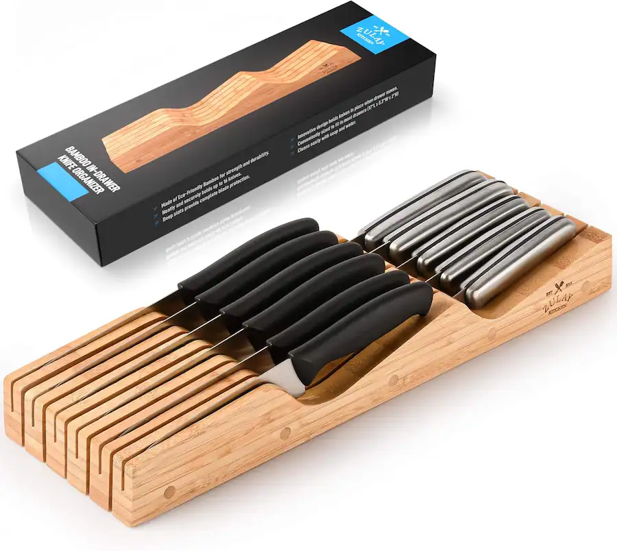 Secure Knife Box Zulay Kitchen Bamboo Knife Drawer Organizer Insert Edge Protecting ...