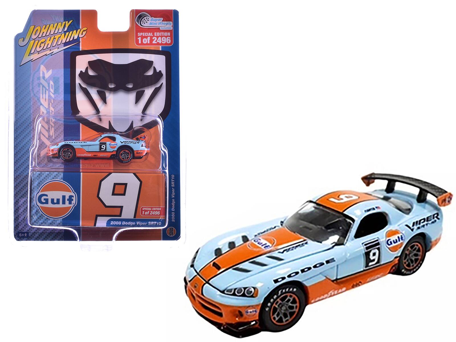 Sure, here is the corrected and grouped text from the image:

---

**Johnny Lightning**

**Super Wheels**

**Special Edition 2496**

**1 of 2496**

**2008 Dodge Viper SRT10**

**Gulf**

**Viper**

**9**

**Dodge**

**6+**

**www.johnnylightning.com**

---

This text is taken from the packaging and the toy car itself.