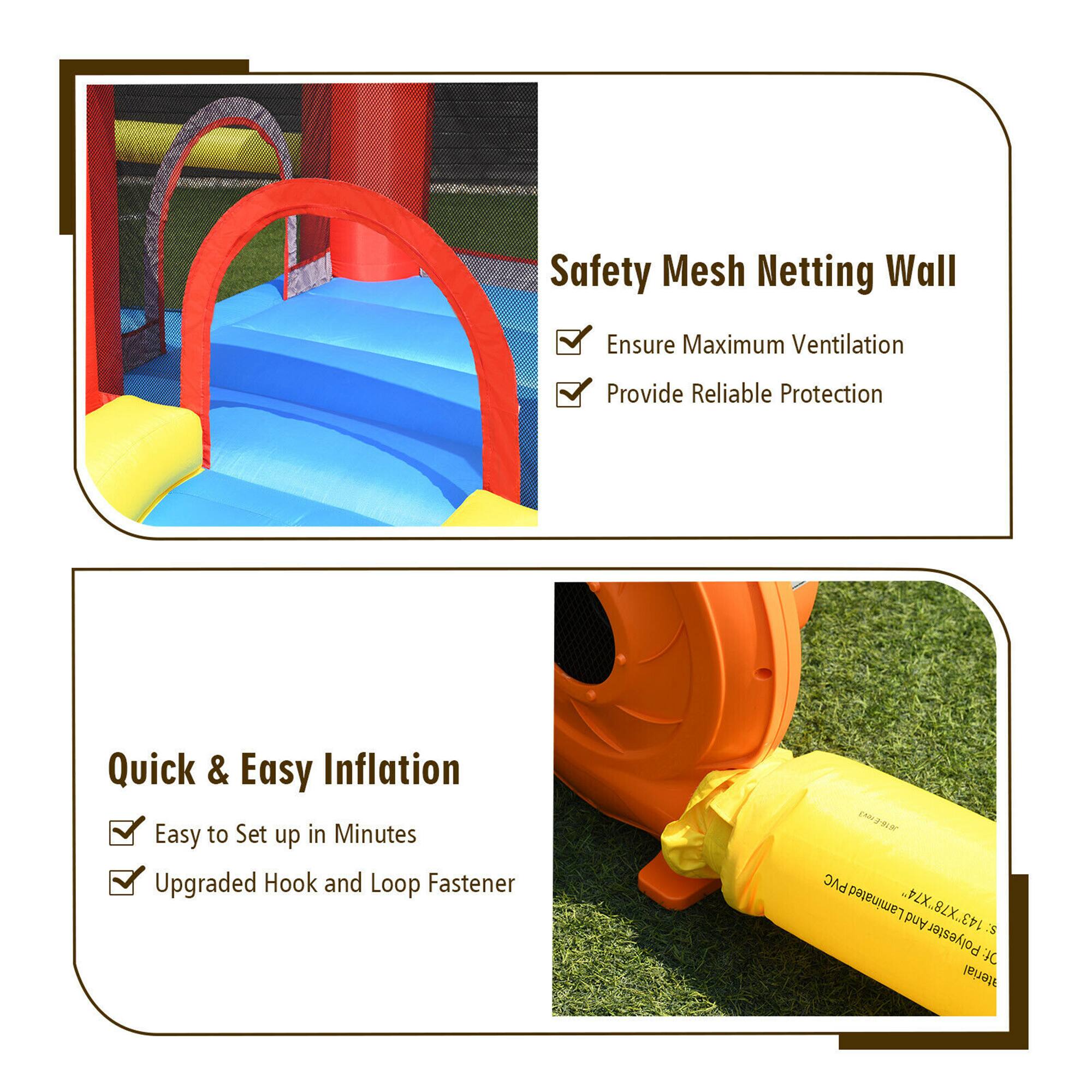 Safety Mesh Netting Wall  
- Ensure Maximum Ventilation  
- Provide Reliable Protection  

Quick & Easy Inflation  
- Easy to Set up in Minutes  
- Upgraded Hook and Loop Fastener  

EMIÈRE PVC Laminated 143"X78"X74"  
Material: Polyester