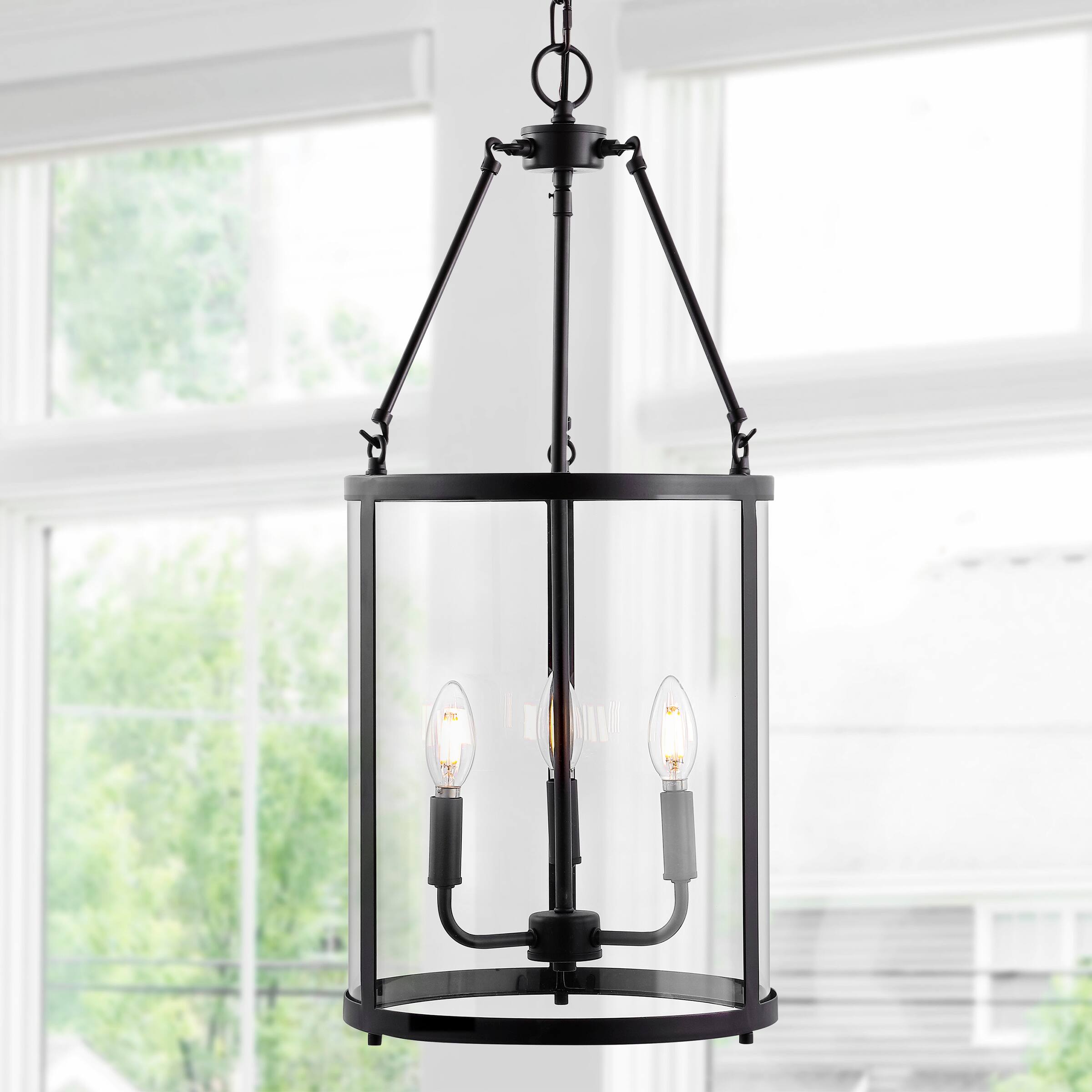 Alt View 1. Jonathan Y - Kinsley 12" 3-Light Industrial Farmhouse Iron/Glass LED Pendant, Oil Rubbed Bronze/Clear - Oil Rubbed Bronze/Clear.