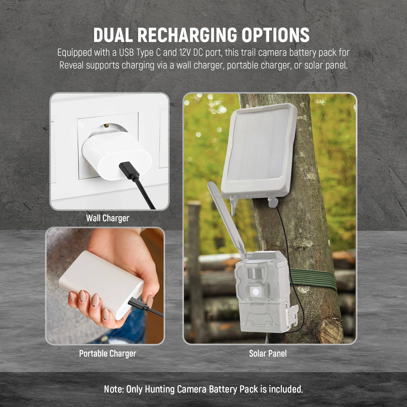 DUAL RECHARGING OPTIONS

Equipped with a USB Type C and 12V DC port, this trail camera battery pack for Reveal supports charging via a wall charger, portable charger, or solar panel.

- Wall Charger
- Portable Charger
- Solar Panel

Note: Only Hunting Camera Battery Pack is included.