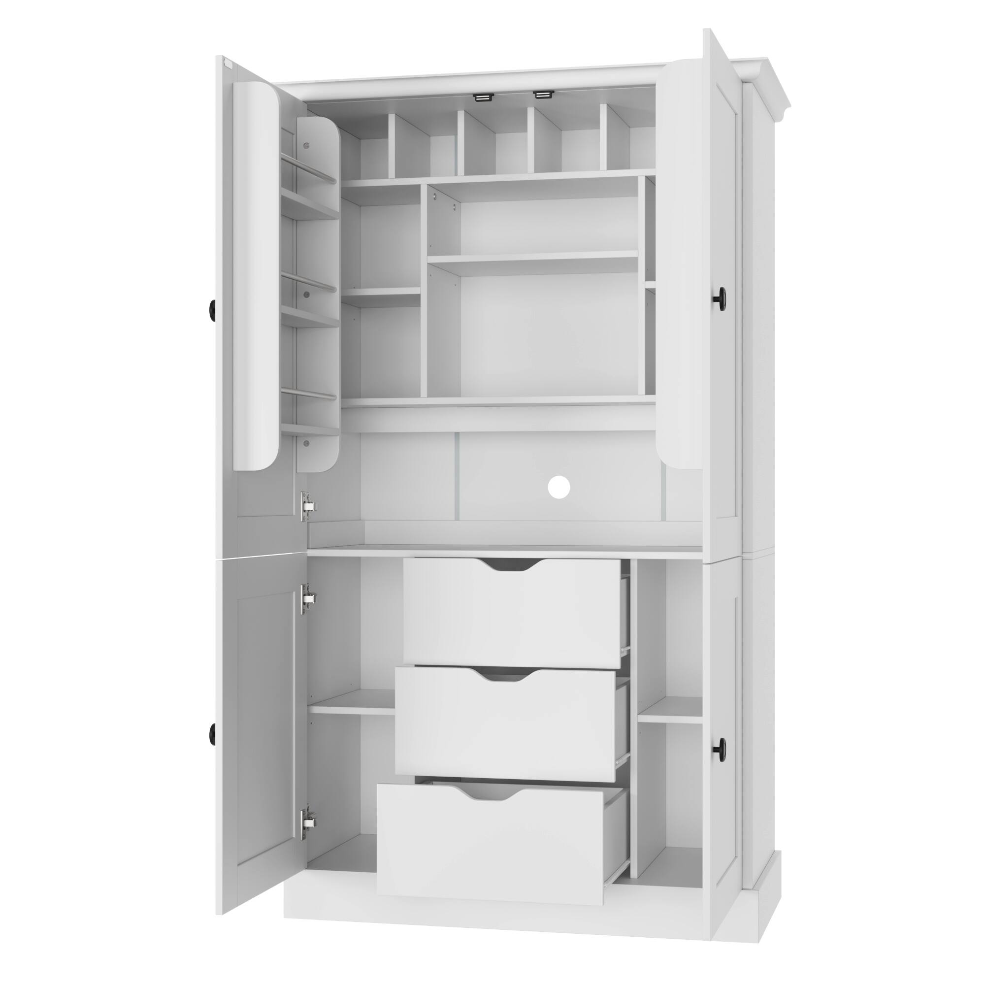 Left. Whisen - 42" W Kitchen Pantry Cabinet, Large Freestanding Storage Hutch with Workstation, Drawers & Wine Racks - White.
