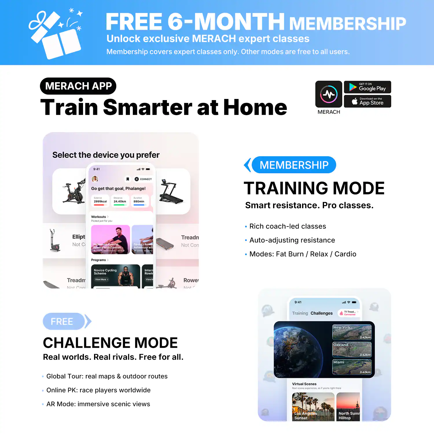 FREE 6-MONTH MEMBERSHIP  
Unlock exclusive MERACH expert classes  
Membership covers expert classes only. Other modes are free to all users.  

MERACH APP  
Train Smarter at Home  

Select the device you prefer  

MEMBERSHIP  
TRAINING MODE  
Smart resistance. Pro classes.  
- Rich coach-led classes  
- Auto-adjusting resistance  
- Modes: Fat Burn / Relax / Cardio  

FREE  
CHALLENGE MODE  
Real worlds. Real rivals. Free for all.  
- Global Tour: real maps & outdoor routes  
- Online PK: race players worldwide  
- AR Mode: immersive scenic views  

Virtual Scenes  
- Las Angeles  
- Swiss Alps  
- North Sumatra Hilltop