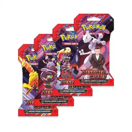 Sure, here is the corrected and grouped text from the image:
---
**Pokémon Trading Card Game**
**Scarlet & Violet**
**Destined Rivals**
**1 Additional Pokémon TCG Booster Pack**
**6+**
---
**Pokémon Trading Card Game**
**Scarlet & Violet**
**Destined Rivals**
**1 Additional Pokémon TCG Booster Pack**
**6+**
---
**Pokémon Trading Card Game**
**Scarlet & Violet**
**Destined Rivals**
**1 Additional Pokémon TCG Booster Pack**
**6+**
---
**Pokémon Trading Card Game**
**Scarlet & Violet**
**Destined Rivals**
**1 Additional Pokémon TCG Booster Pack**
**6+**
---