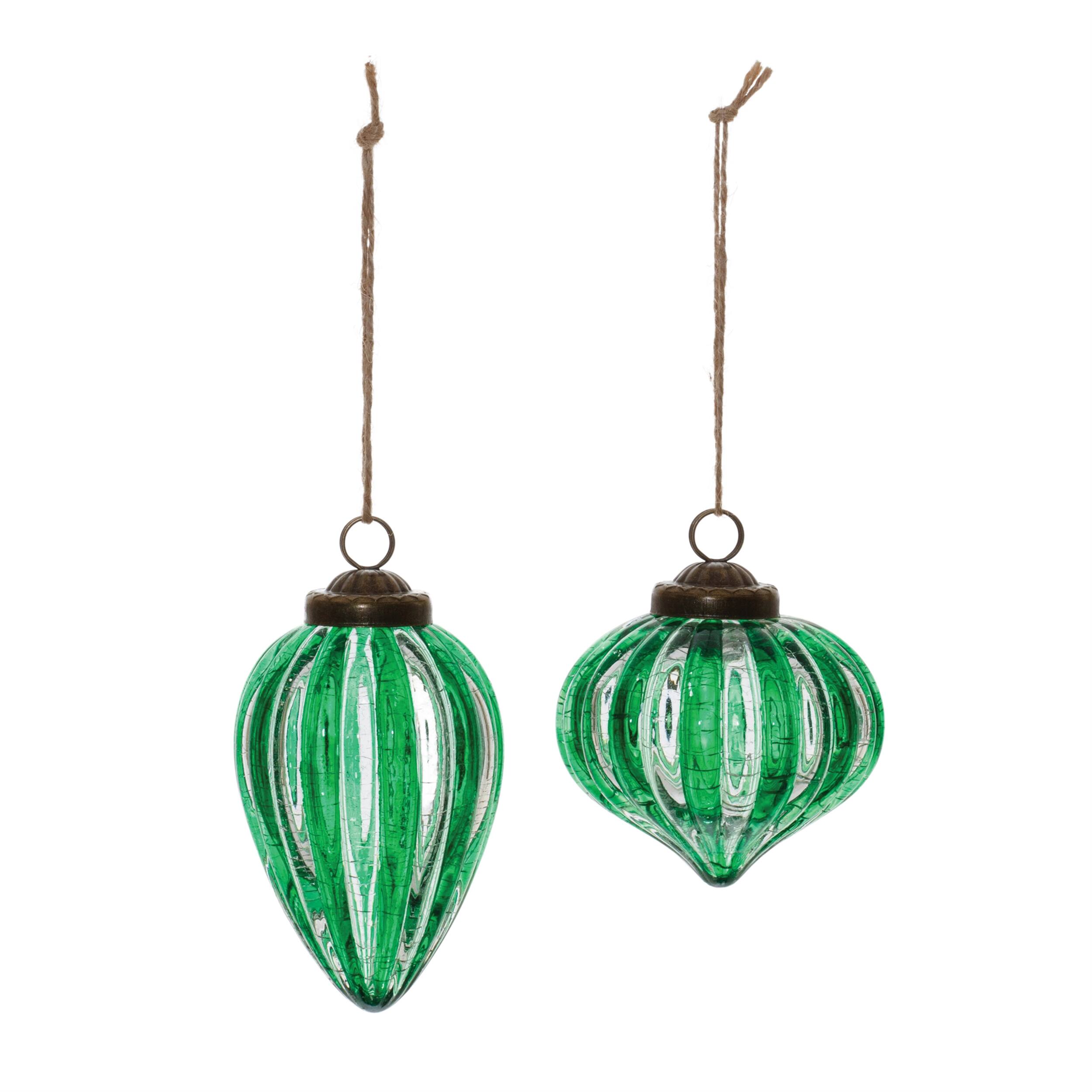 Angle. BreeBe - Green Ribbed Crackle Glass Ornament (Set of 6) - Green.