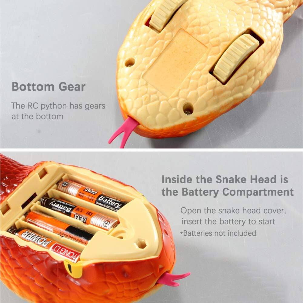 Bottom Gear  
The RC python has gears at the bottom  

Inside the Snake Head is the Battery Compartment  
Open the snake head cover, insert the battery to start  
*Batteries not included