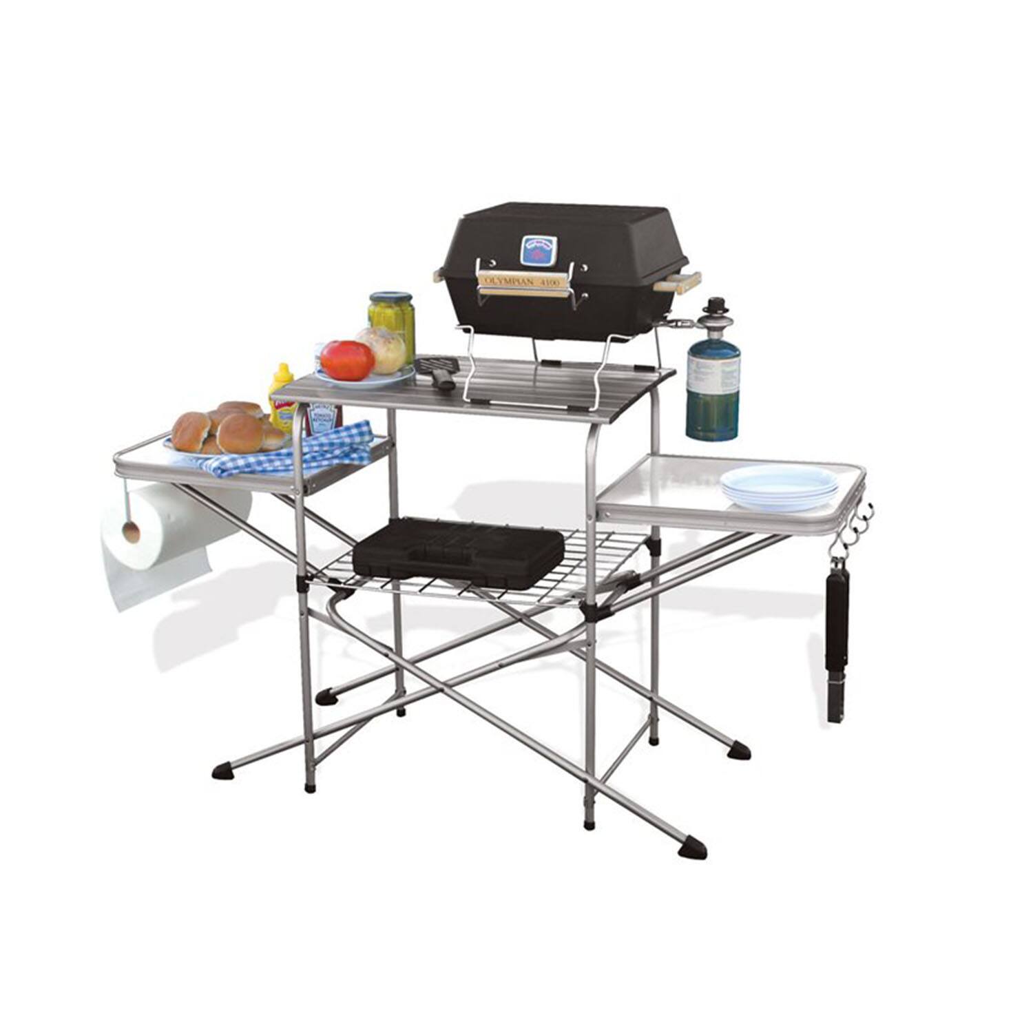 Alt View 10. Camco - Camco Deluxe Folding Outdoor Steel Grill Table with Side Tables, Hooks, and Case - Silver.