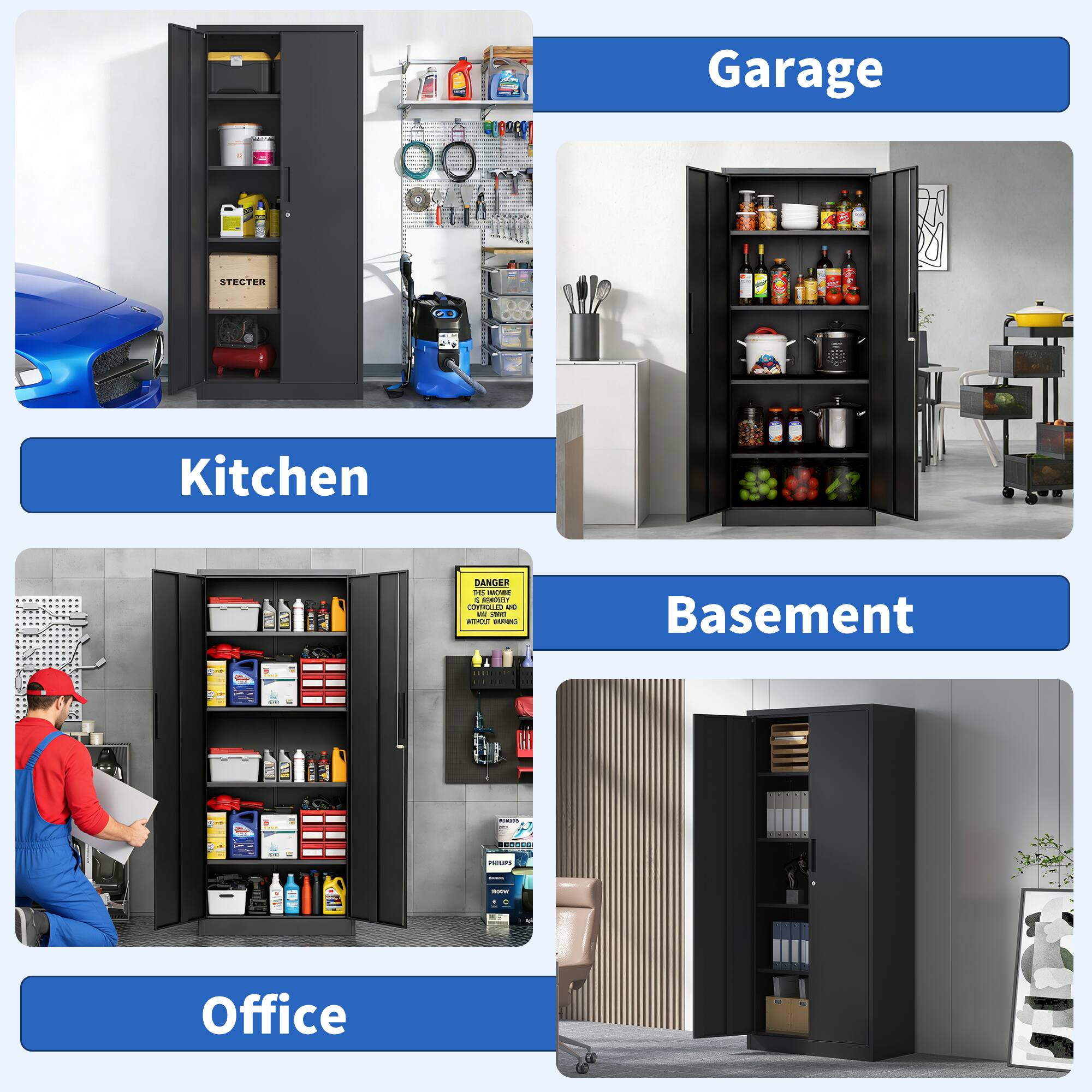 Garage  
Kitchen  
Basement  
Office