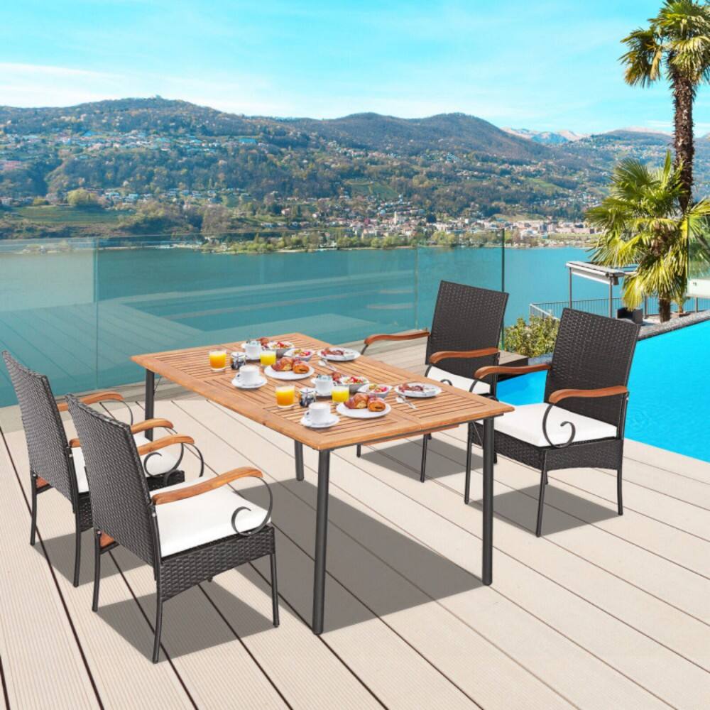 Angle. Mondawe - 5 Pieces Patio Wicker Dining Set with Detachable Cushion and Umbrella Hole - Natural, Black, Mix Brown.