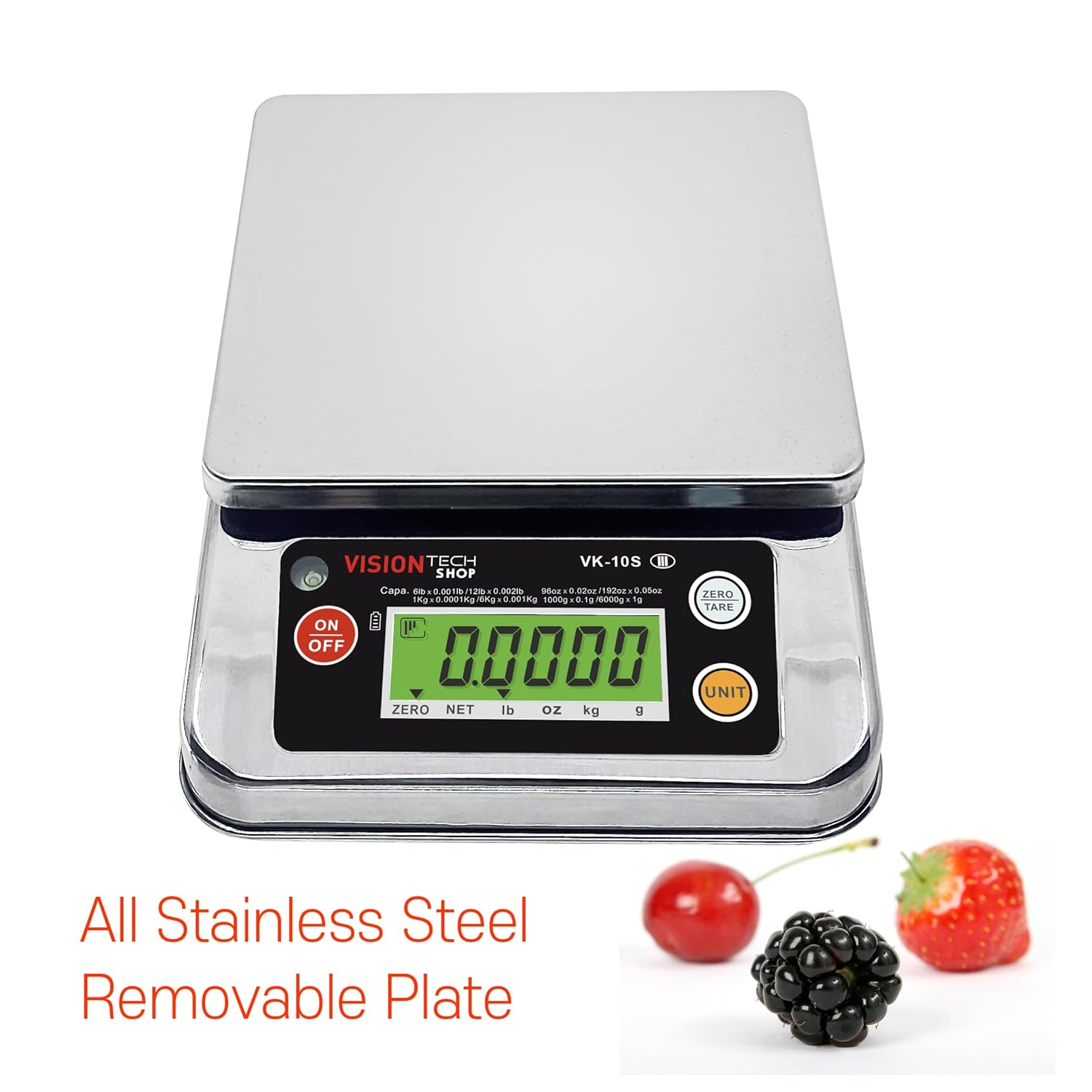 VISION TECH VK-10S  
Capa: 6.0 lb / 2.72 kg / 1000g x 0.001kg / 0.002lb / 0.05g  
1Kg x 0.0001kg / 0.001lb / 0.05g  
ON/OFF  
ZERO NET lb oz kg g  
All Stainless Steel Removable Plate