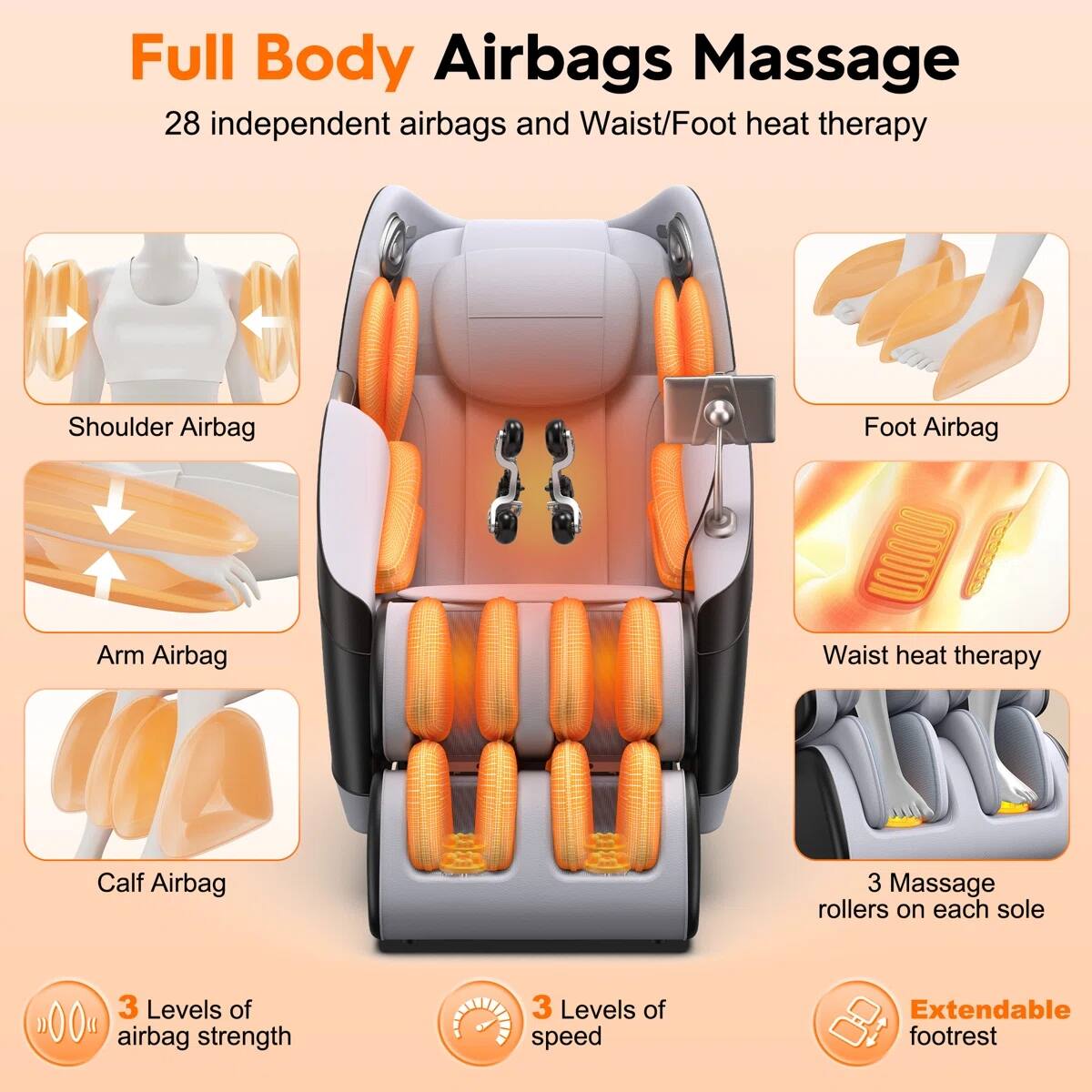 Full Body Airbags Massage  
28 independent airbags and Waist/Foot heat therapy  
- Shoulder Airbag  
- Arm Airbag  
- Calf Airbag  
- Foot Airbag  
- Waist heat therapy  
- 3 Massage rollers on each sole  
- 3 Levels of airbag strength  
- 3 Levels of speed  
- Extendable footrest