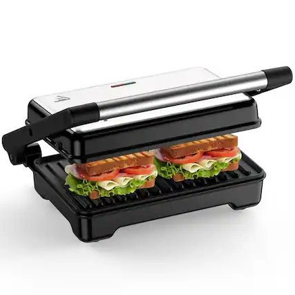 Front. YASHE - 1200W Versatile Panini Grill Press,Non-stick Cast Plates Fits 2 Slices Sandwich, Opens 180°, Easy to clean - Black.