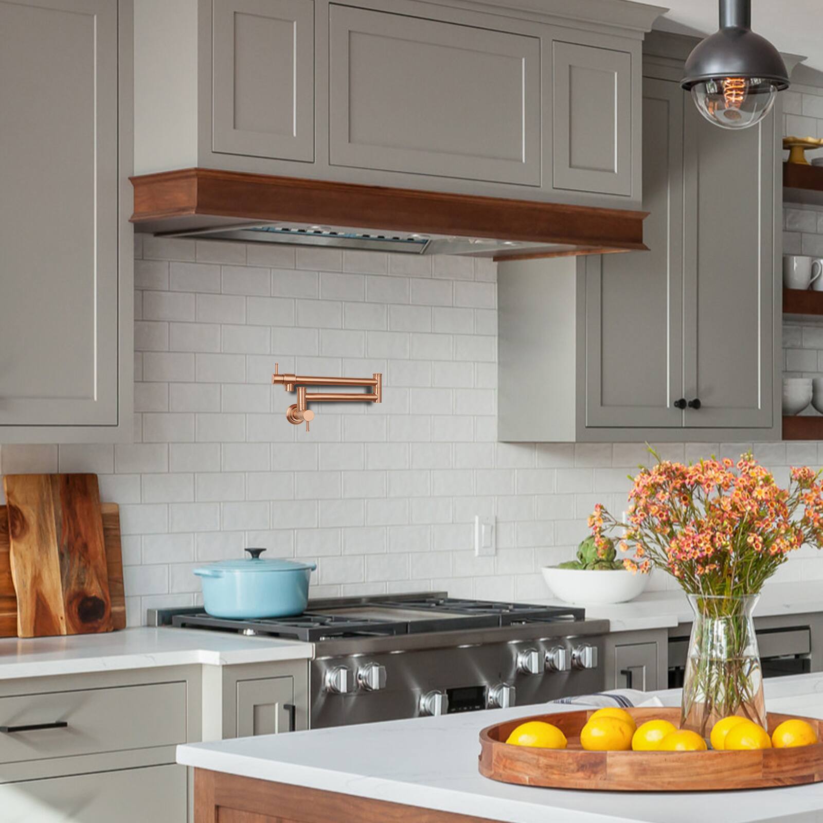 Alt View 5. Akicon - Akicon Solid Brass Wall-Mounted Pot Filler Kitchen Faucet with Double Joint Swing Arms for Stovetop in Copper - Copper.