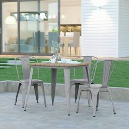 Emma + Oliver - Drew Indoor/Outdoor Dining Table, 31.5" Square All Weather Poly Resin Top with Steel Base - Brown Top/Silver Frame