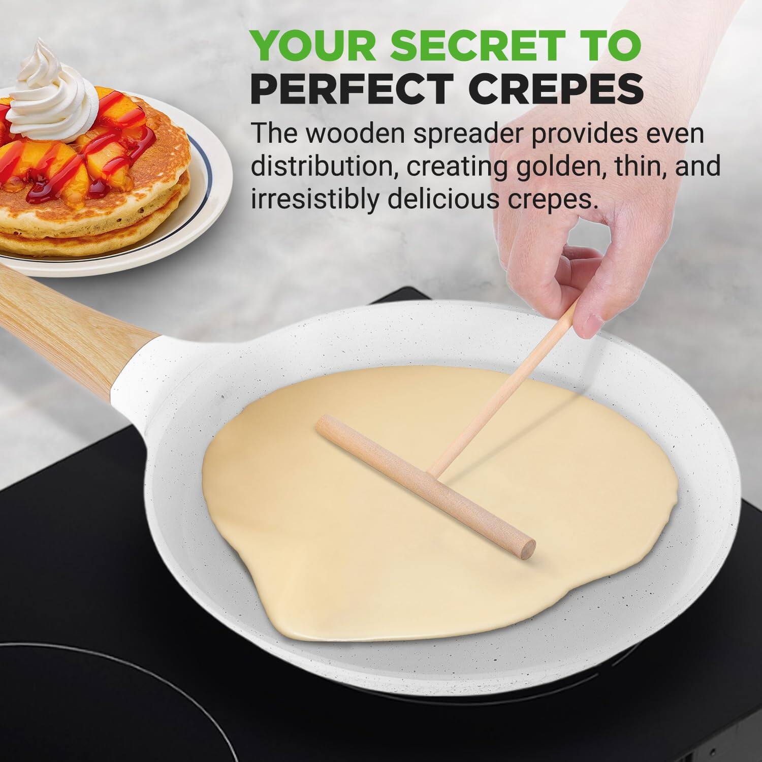 YOUR SECRET TO PERFECT CREPES

The wooden spreader provides even distribution, creating golden, thin, and irresistibly delicious crepes.