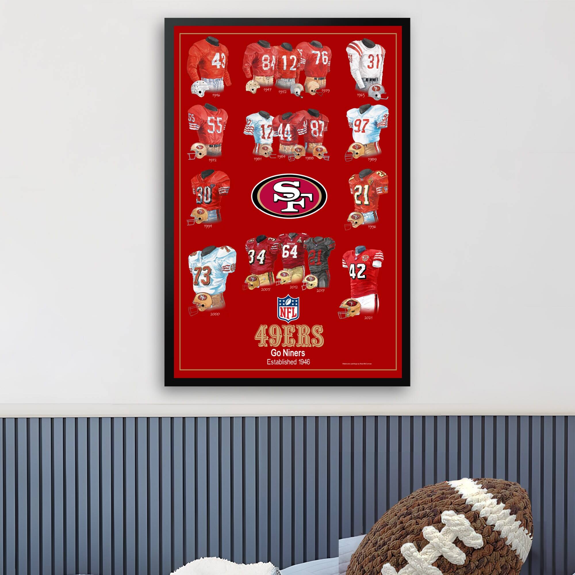 43 T 18 12 A 76 31 ERM! i - od 1 5 55 12-44 87 97 eger e ay 30 rpp S E 21 1 73 E 34 am 64 An IS an t 42 DAN NFL 49ERS Go Niners Established 1946 7 -T

Corrected text from the image:

43 81 12 76 31 55 17 44 87 97 30 21 73 34 64 42 49ERS Go Niners Established 1946