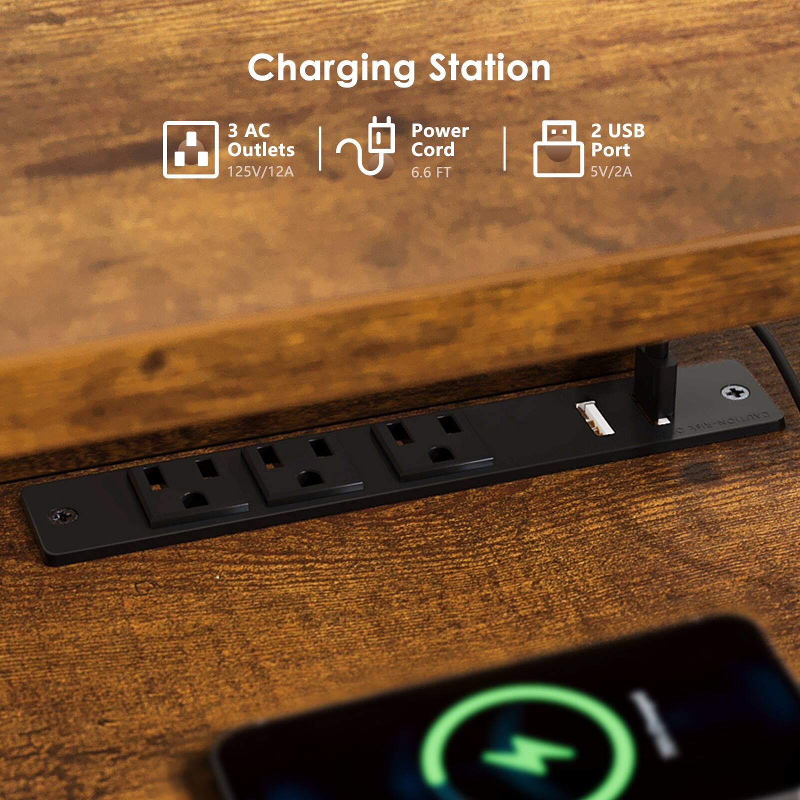 Charging Station  
3 AC Outlets 125V/12A  
Power Cord 6.6 FT  
2 USB Port 5V/2A  

CAUTION