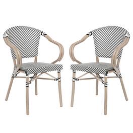 Emma + Oliver - 2 Pack Stacking Bistro Chair with Bamboo Print Metal Frame - Black & White/Light Natural Frame
