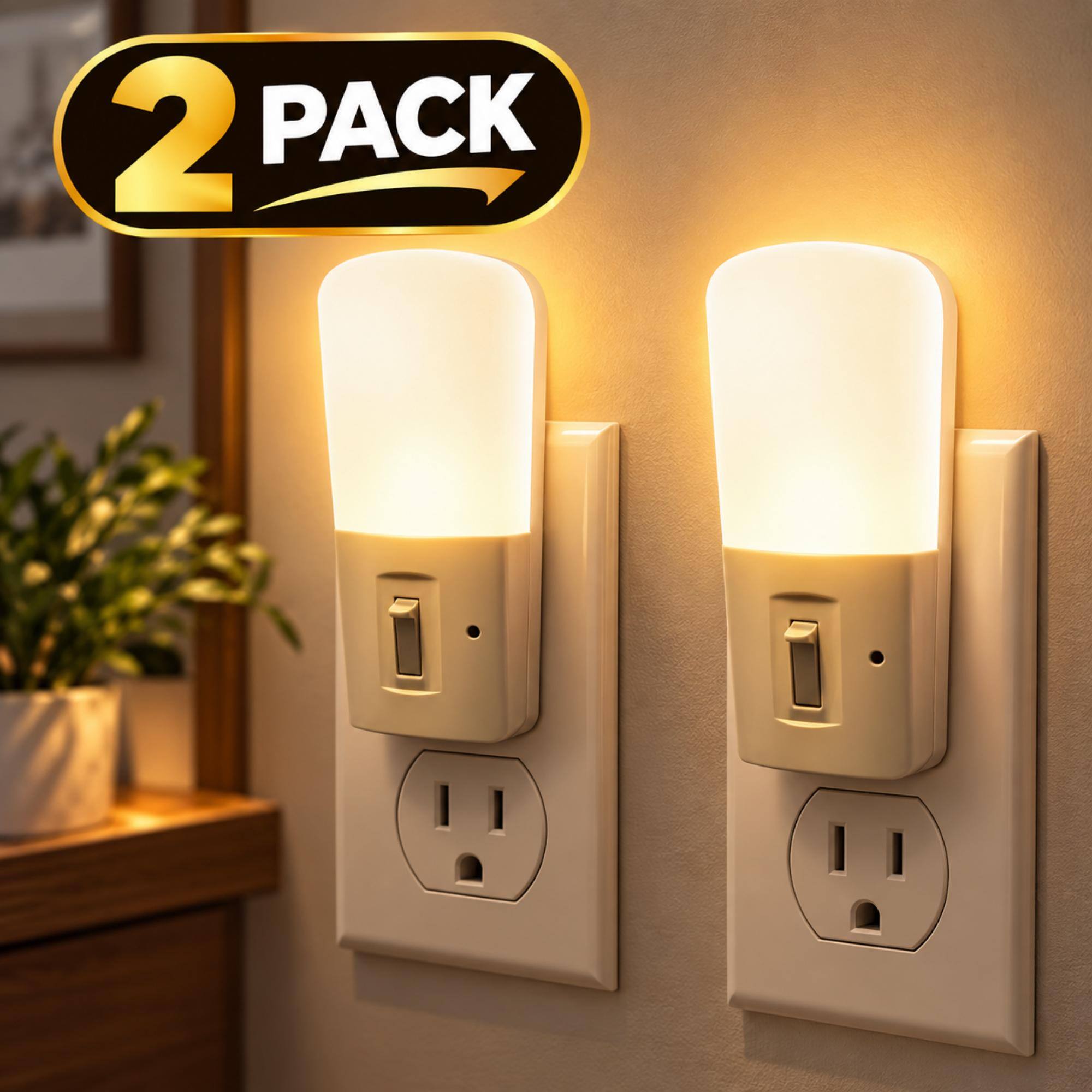 Front. Jandcase - JANDCASE 2-Pack 1W  Plug-in Night Light, 3000K Warm Glow, Vertical Design with Slide Dimmer, Dusk-to-Dawn Sensor - White.