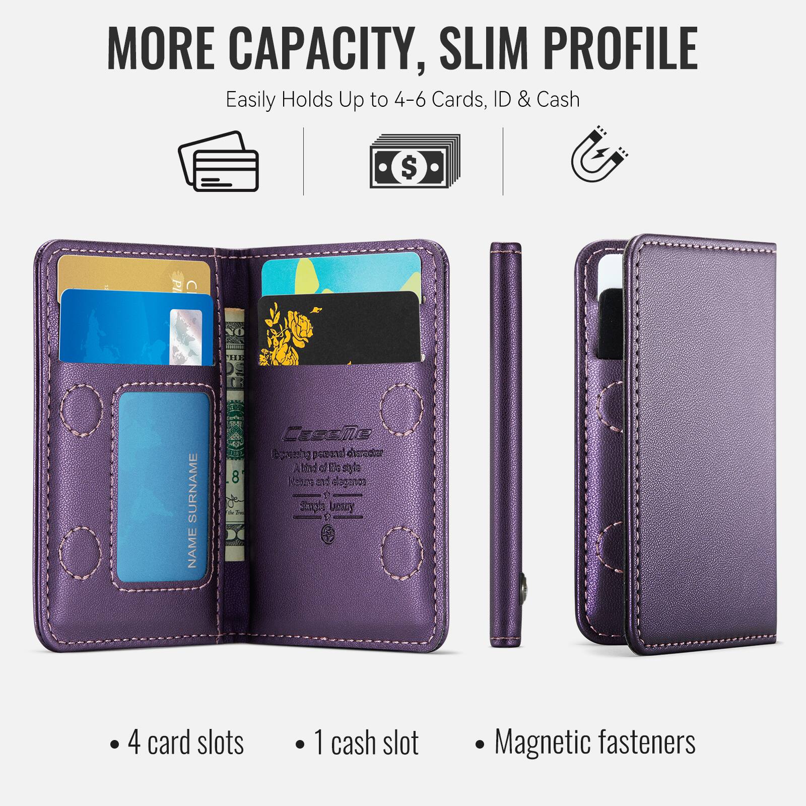 MORE CAPACITY, SLIM PROFILE  
Easily Holds Up to 4-6 Cards, ID & Cash  

- 4 card slots  
- 1 cash slot  
- Magnetic fasteners