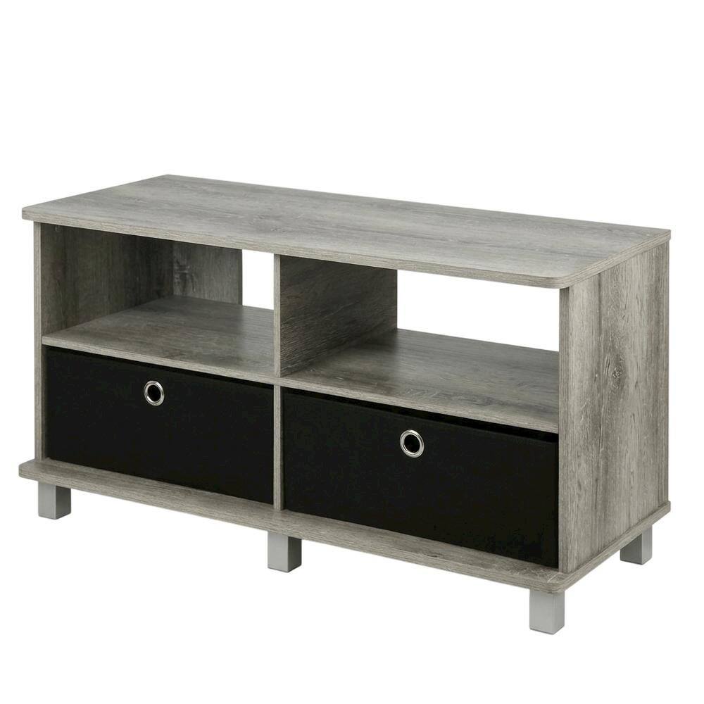 Left. FurniFact - Gray/Black entertainment center with bin drawers and modern design - French Oak Grey/Black.
