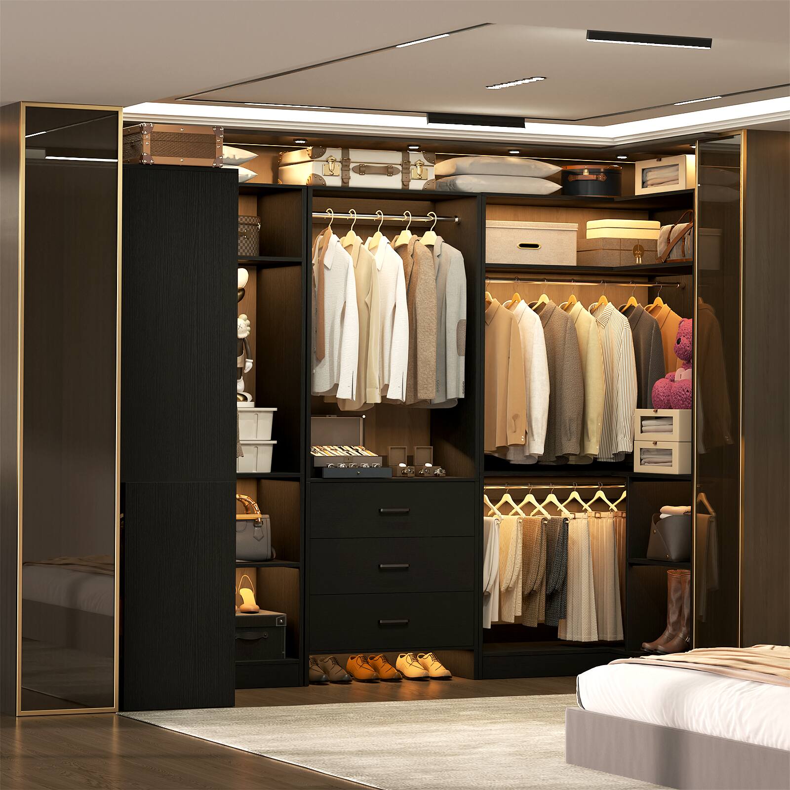 Back. Aheaplus - 88.8'' With U-Shaped Closet System, Walk-in Wardrobe System with 3 Drawers and 5 Hanging Rods, Set of 3 - Black.