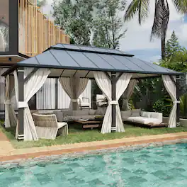 U-HOMY - 12'x20' Outdoor Hardtop Gazebo, Aluminum Frame Double Roof with Netting & Curtains for Patio & Deck - Dusty Blue