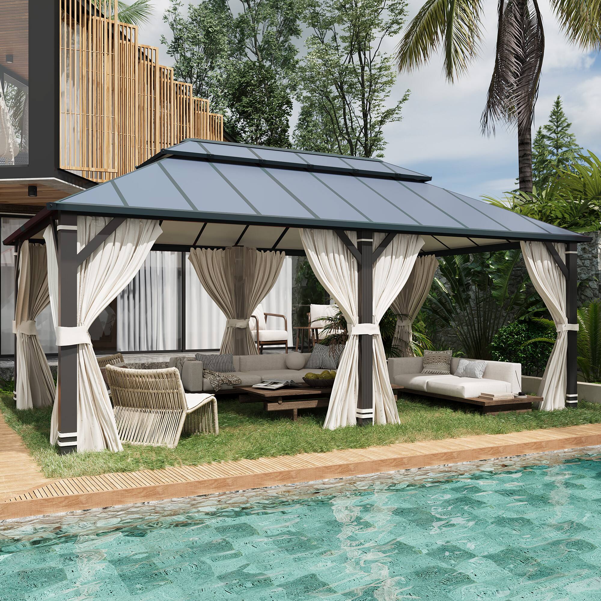 Angle. U-HOMY - 12'x20' Hardtop Gazebo, Waterproof Aluminum Pavilion with Netting & Curtains for Patio, Garden - Dusty Blue.