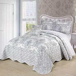 Hivvago - King size Damask Embroidered 4 Piece Oversized Bedspread Set - White