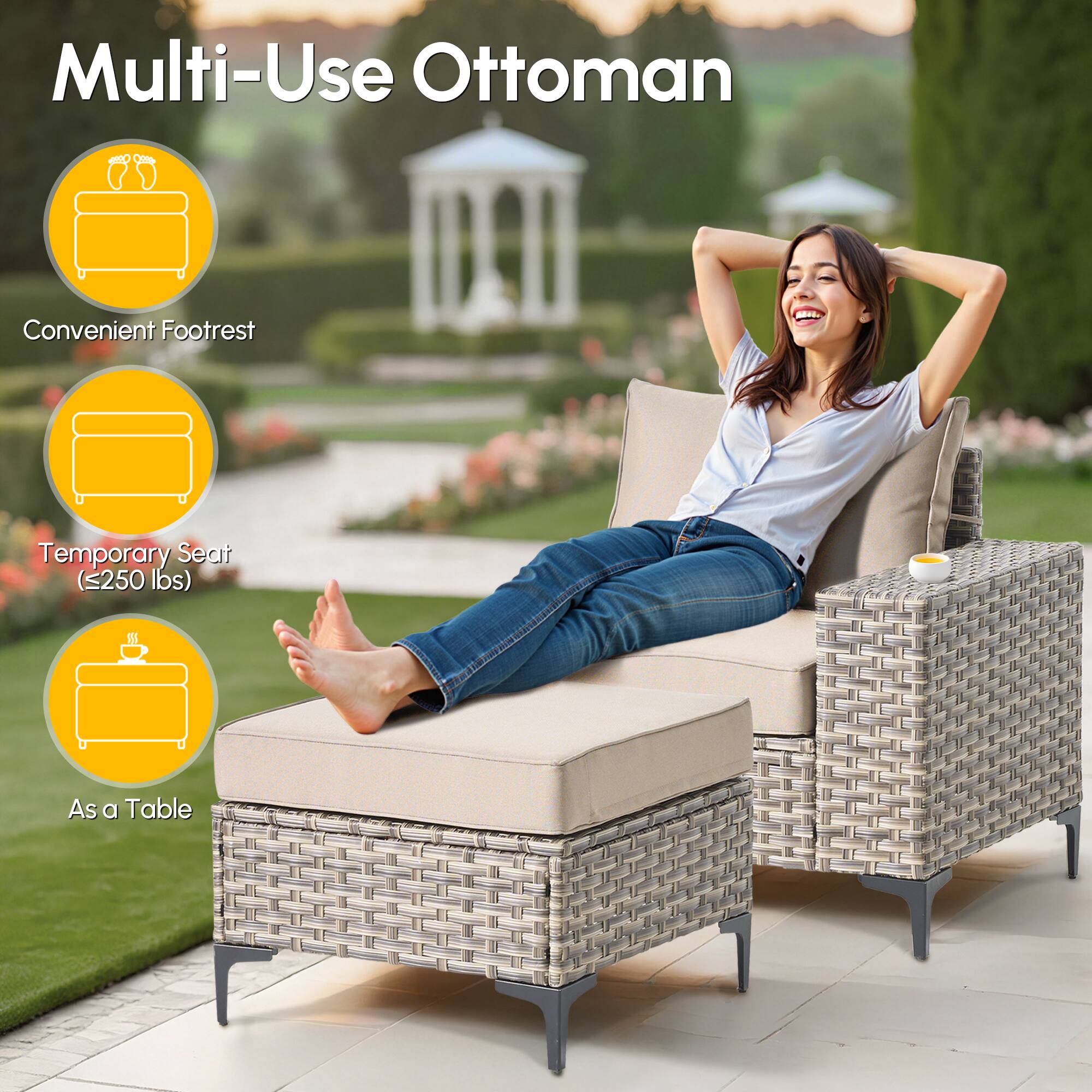 Multi-Use Ottoman

Convenient Footrest

Temporary Seat (≤250 lbs)

As a Table