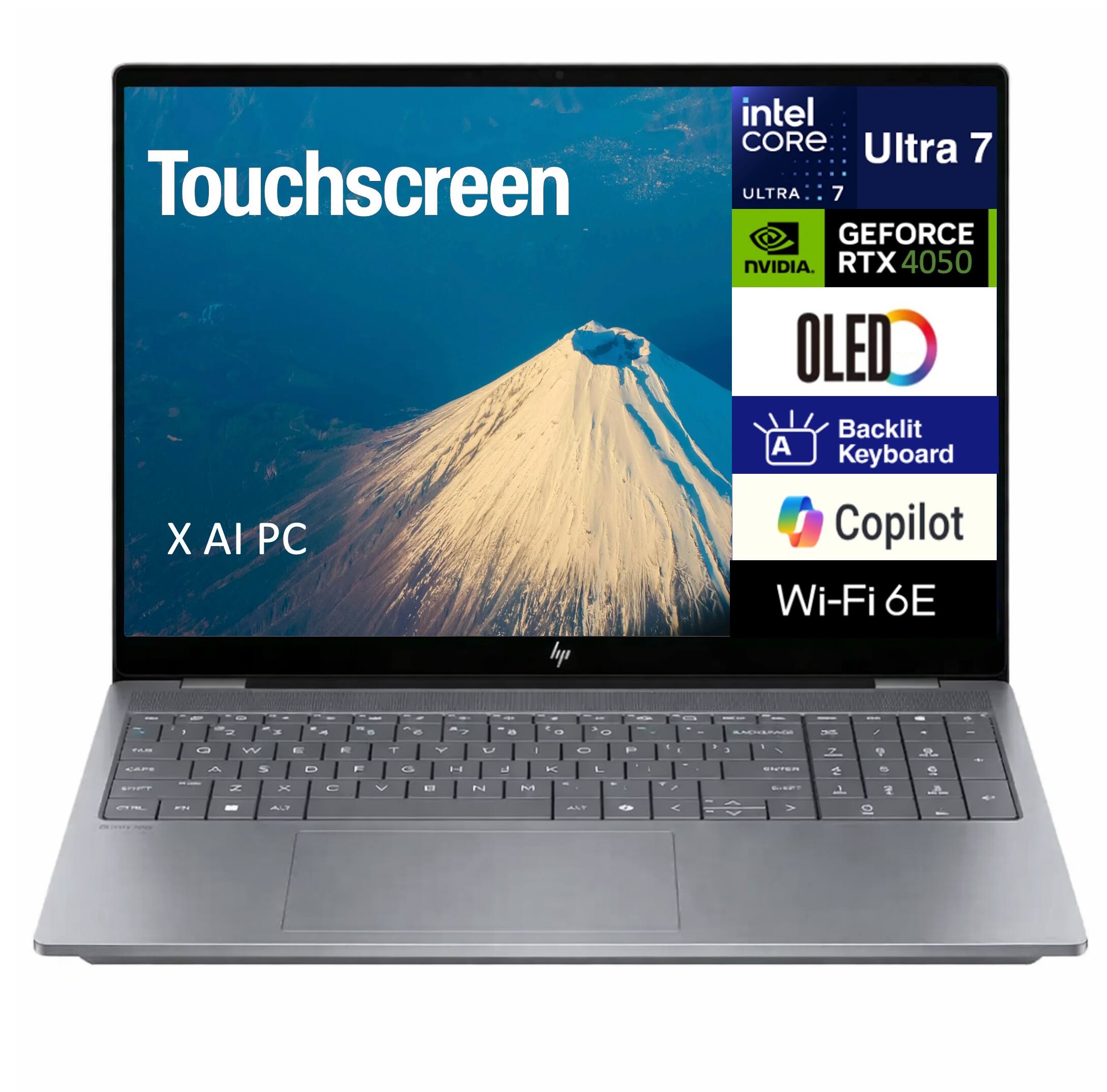 Touchscreen X AI PC  
Intel Core Ultra 7  
NVIDIA GeForce RTX 4050  
OLED Backlit Keyboard  
Copilot  
Wi-Fi 6E