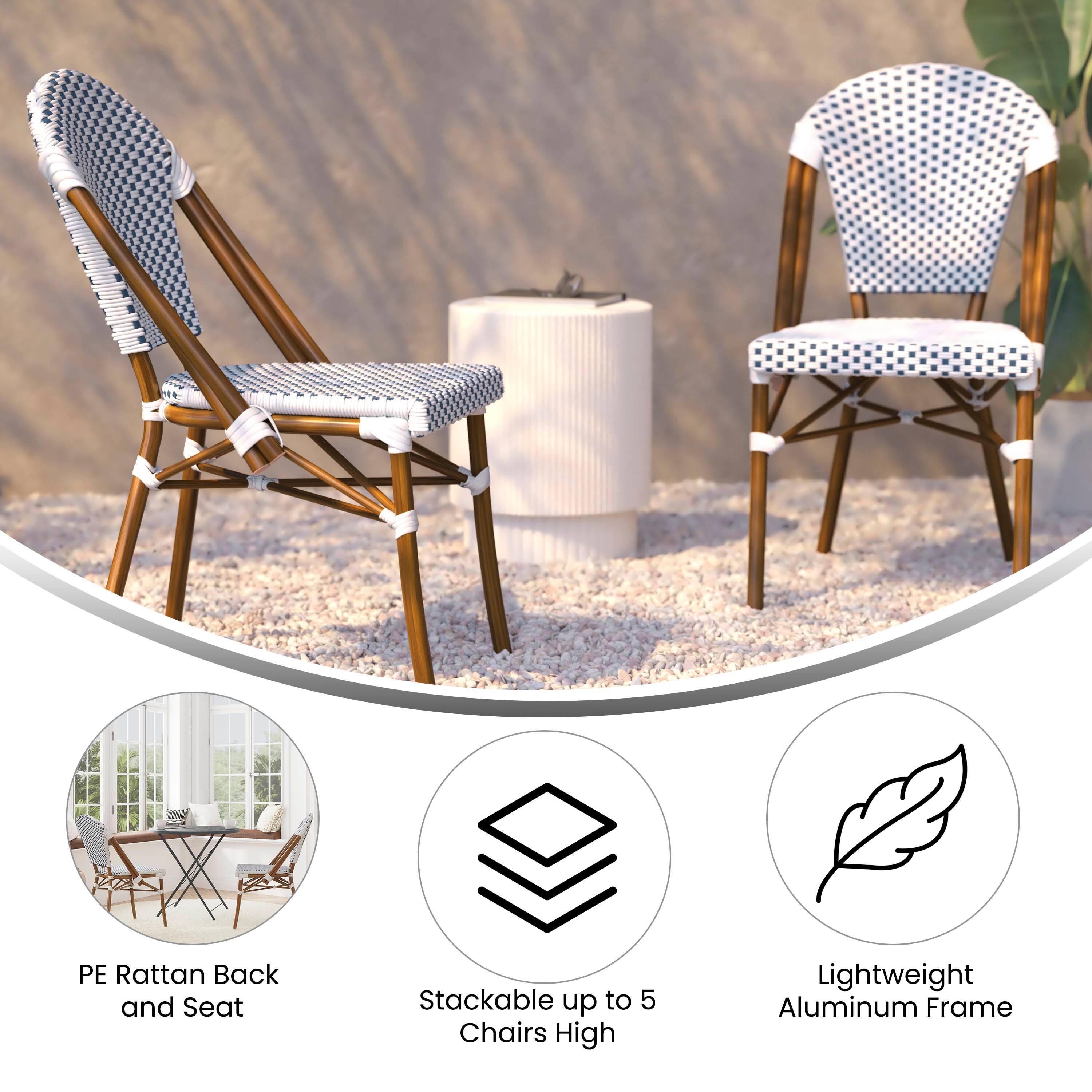 PE Rattan Back and Seat  
Stackable up to 5 Chairs High  
Lightweight Aluminum Frame