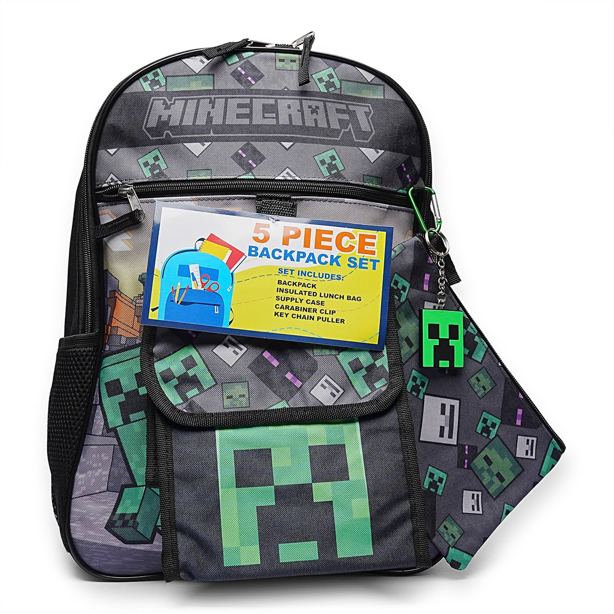 F3 MINECRAFT 5 PIECE BACKPACK SET SET INCLUDES: 1 BACKPACK INSULATED LUNCH BAG SUPPLY CASE GARABINER CLIP KEY CHAIN PULLER