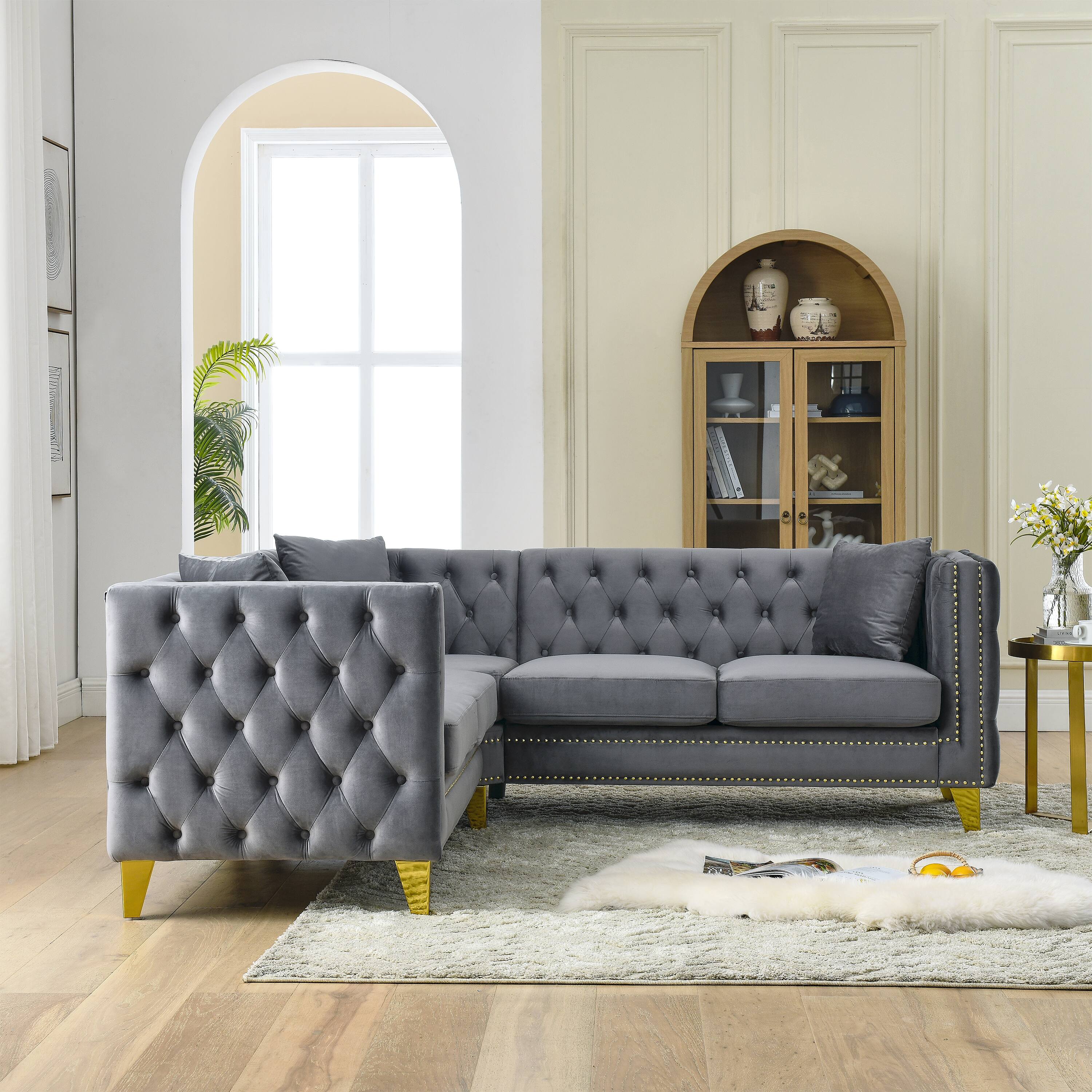 Angle. Anysun - 82.2-Inch Velvet Corner Sofa – L-Shaped Sectional Couch, 5-Seater Corner Sofa with 3 Cushions for Apartment, Office - Grey.