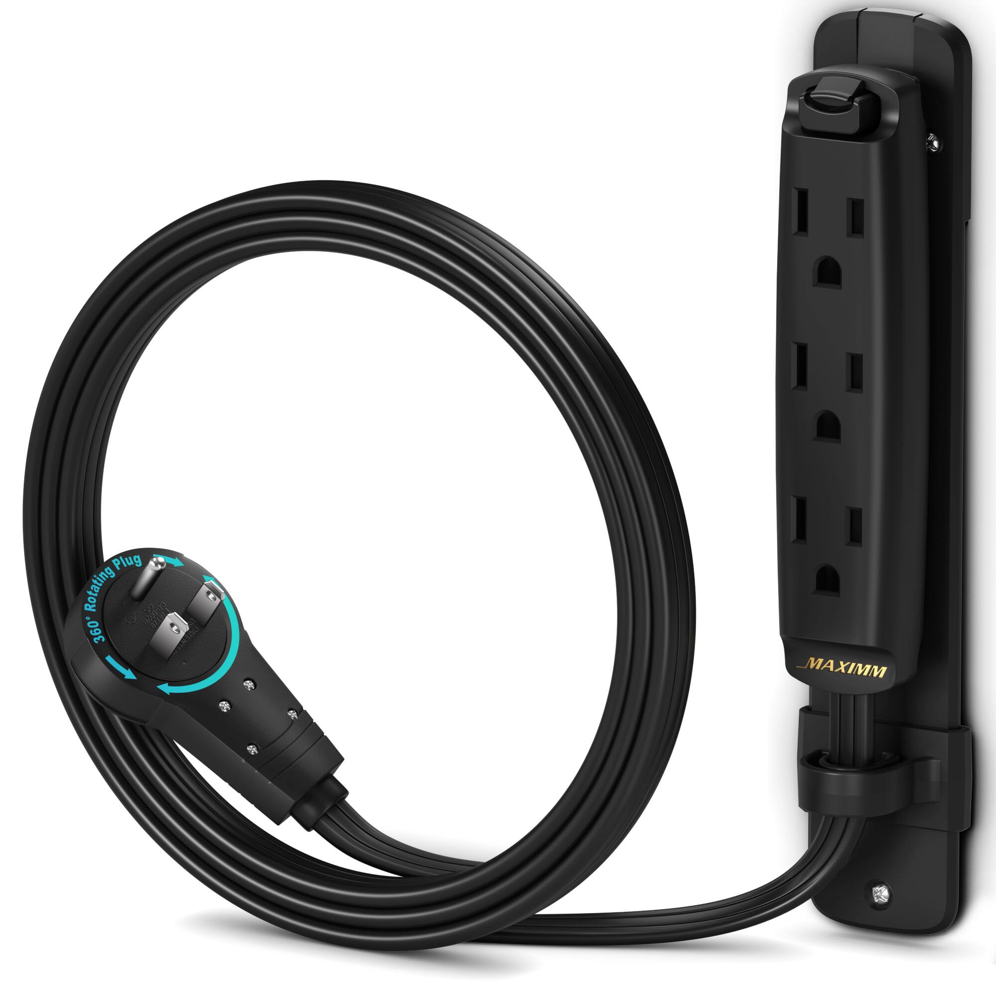 Maximm - 360 Degree Rotating Flat Extension Cord 3 Ft Multi 3 Outlet with Mounting Bracket, Grounded 16 AWG UL Certified - Black