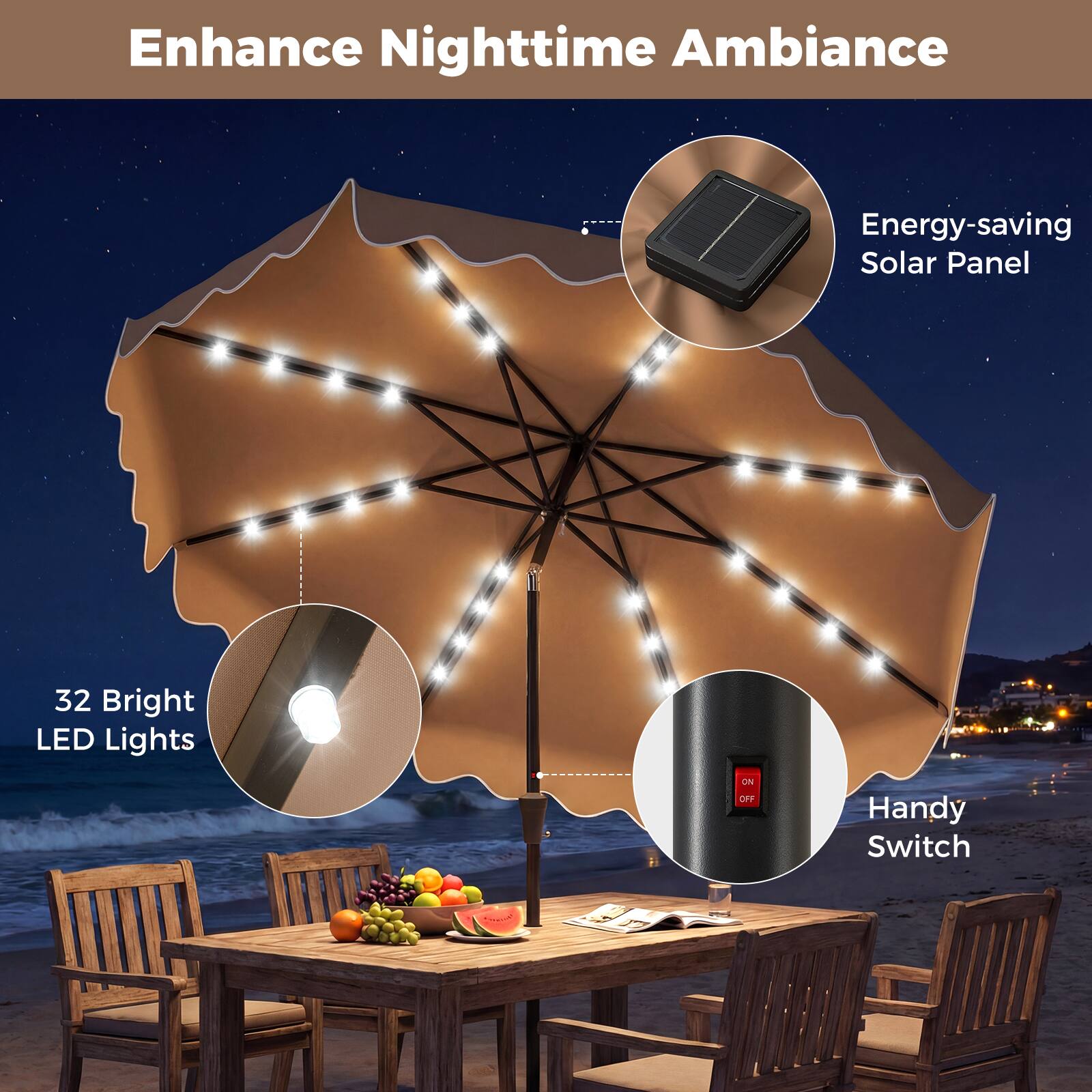 Enhance Nighttime Ambiance  
Energy-saving Solar Panel  
32 Bright LED Lights  
Handy Switch