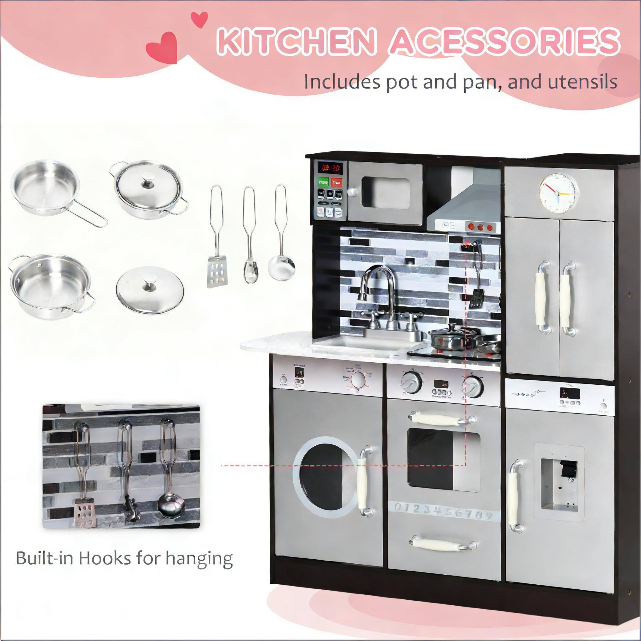 KITCHEN ACCESSORIES  
Includes pot and pan, and utensils  

Built-in Hooks for hanging