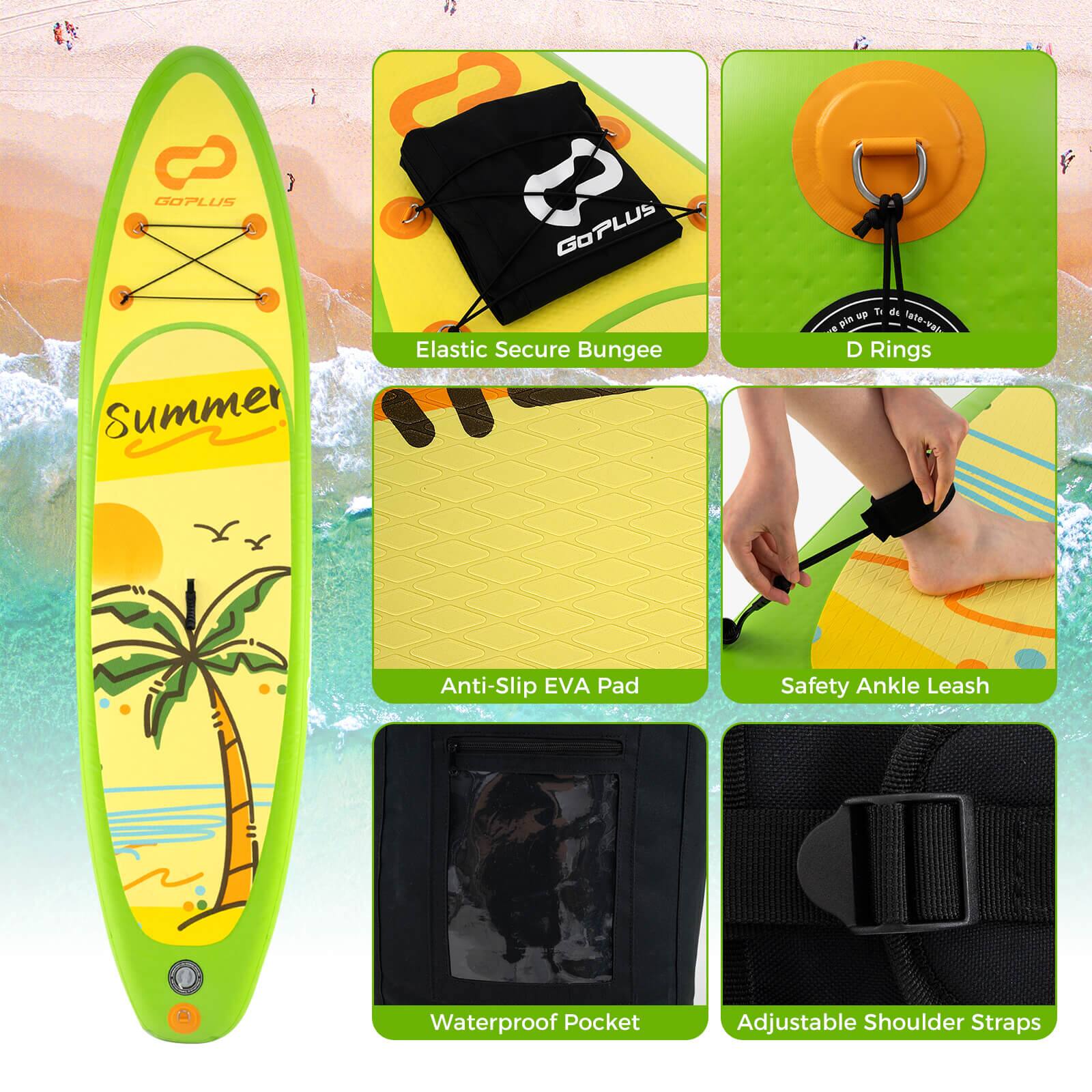 The image features a green surfboard with various accessories and safety gear. These include an elastic secure bungee, anti-slip EVA pad, safety ankle leash, and waterproof pocket. Additionally, there are adjustable shoulder straps and a D-ring for added safety and convenience. The surfboard is designed to provide a fun and safe experience for surfers of all skill levels.