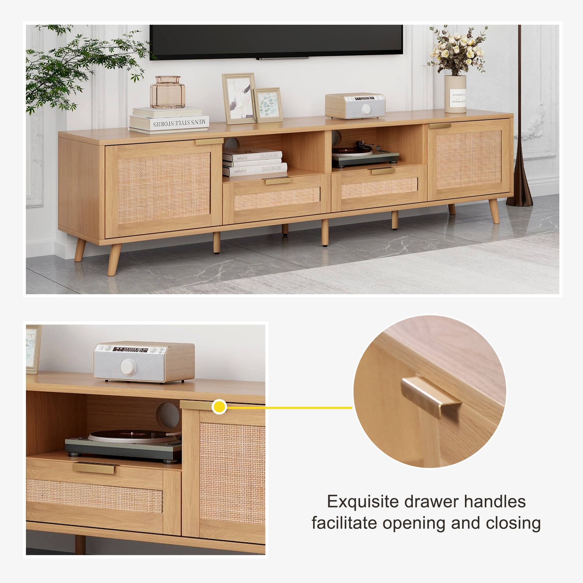 Exquisite drawer handles facilitate opening and closing