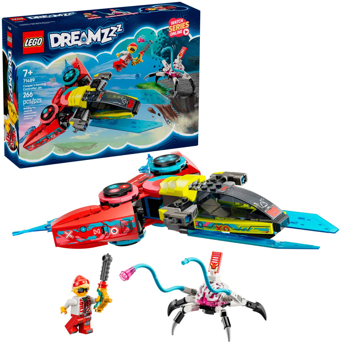The text on the image is:
"LEGO Dreamz 7+ 266 pcs/pzs 71489 Cooper's Controller Geming set Bending & Building & Watch Series Online"