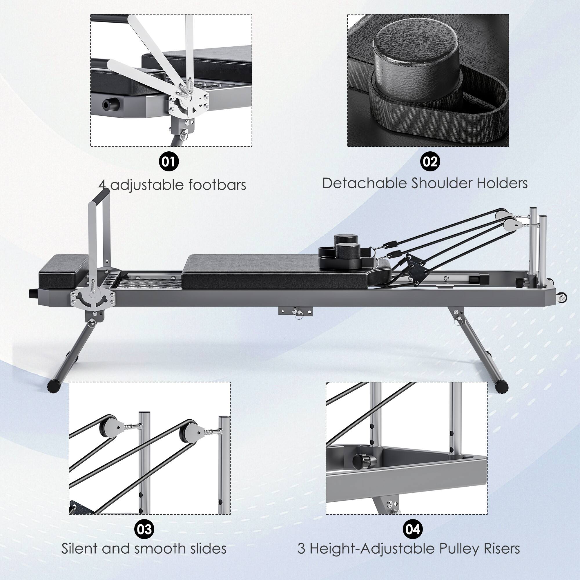 01 4 adjustable footbars  
02 Detachable Shoulder Holders  
03 Silent and smooth slides  
04 3 Height-Adjustable Pulley Risers