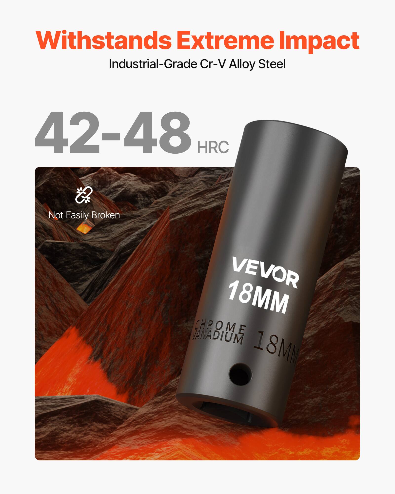 Withstands Extreme Impact  
Industrial-Grade Cr-V Alloy Steel  
42-48 HRC  
Not Easily Broken  
VEVOR 18MM  
CHROME VANADIUM 18MM