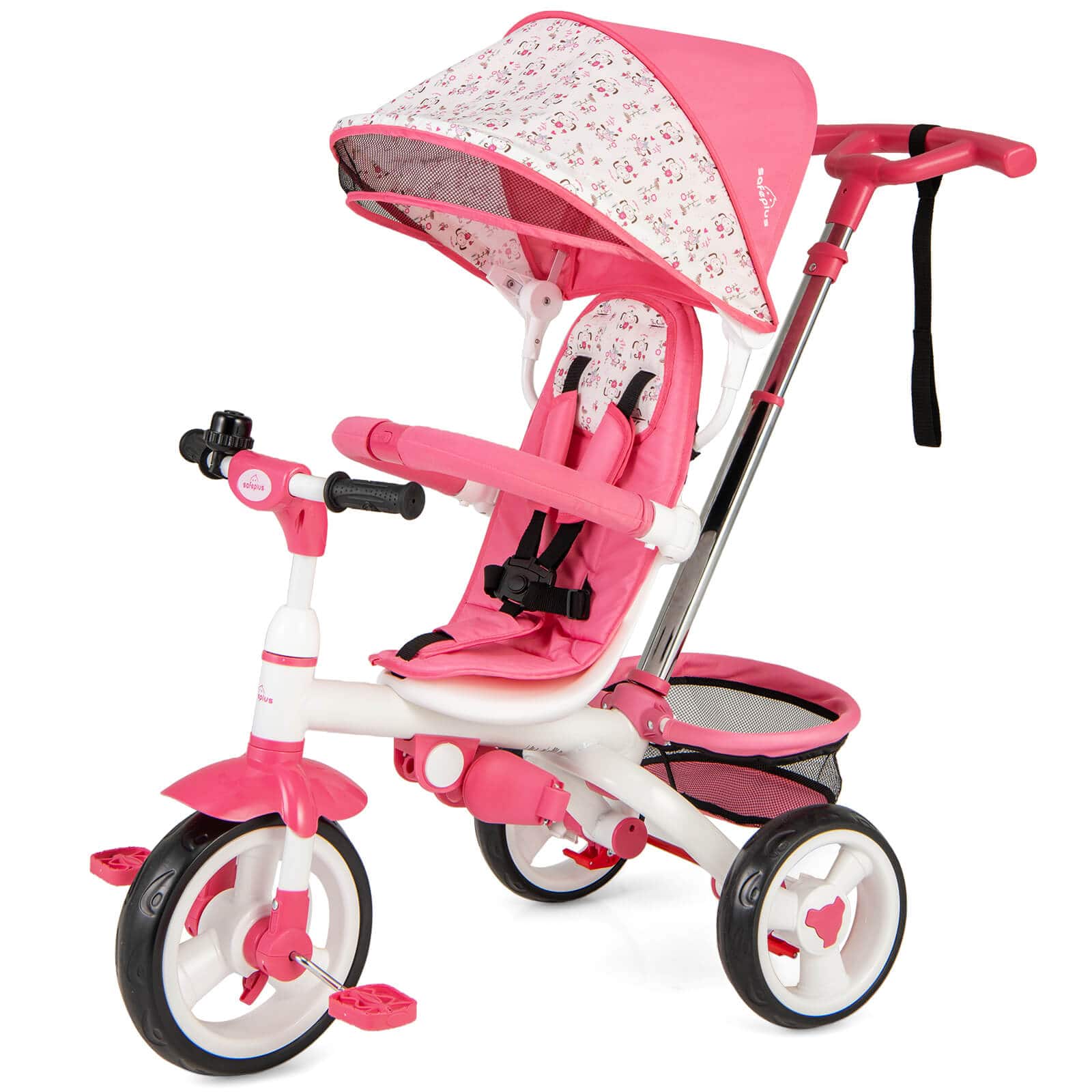 Costway - Baby Tricycle Stroller 6-in-1 Kids Push Trike with Removable 5-Position Canopy - Pink