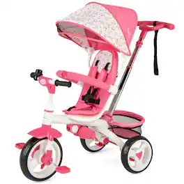 Costway - Baby Tricycle Stroller 6-in-1 Kids Push Trike with Removable 5-Position Canopy - Pink