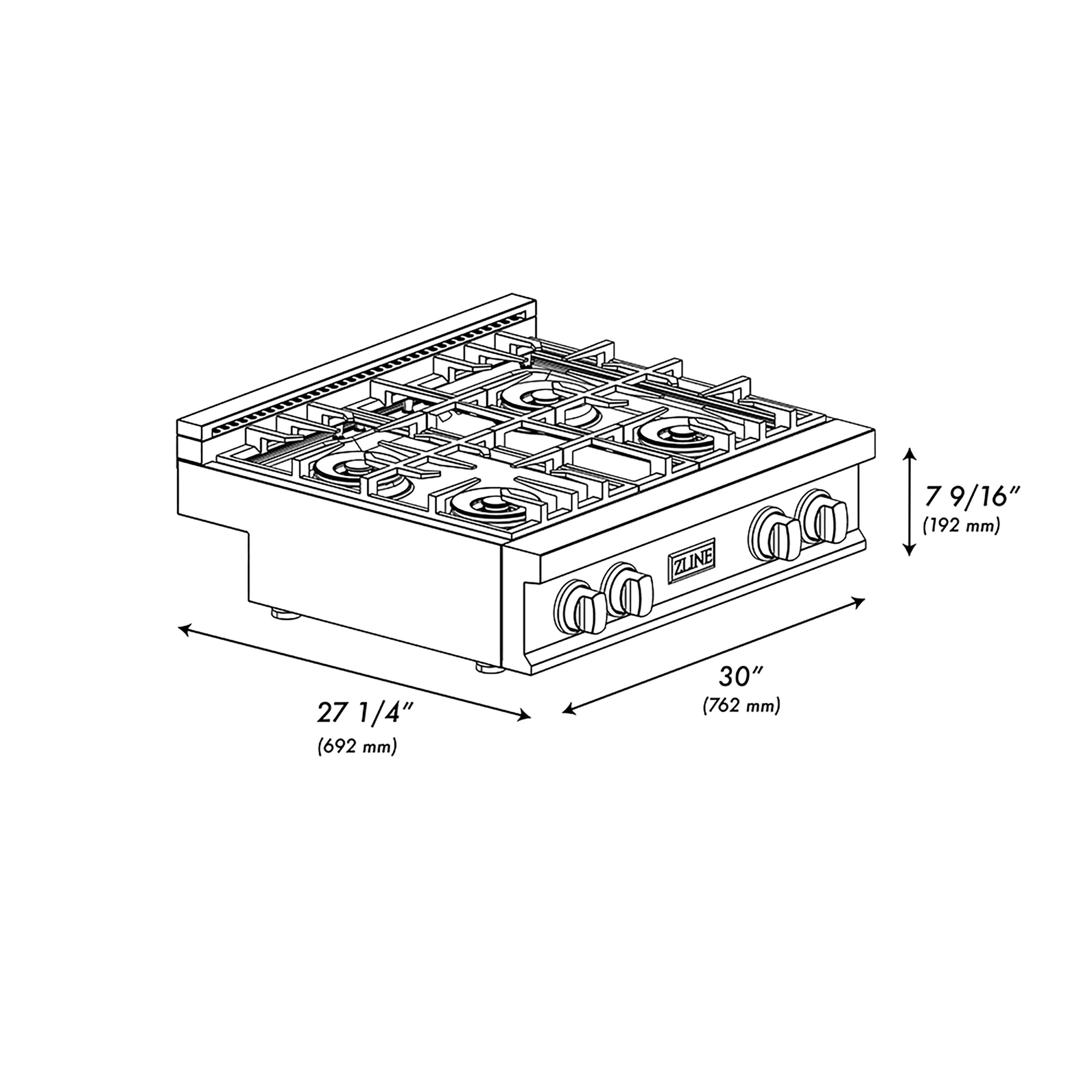 Sure, here is the corrected and grouped text from the image:

- **ZLINE**
- **30" (762 mm)**
- **27 1/4" (692 mm)**
- **7 9/16" (192 mm)**