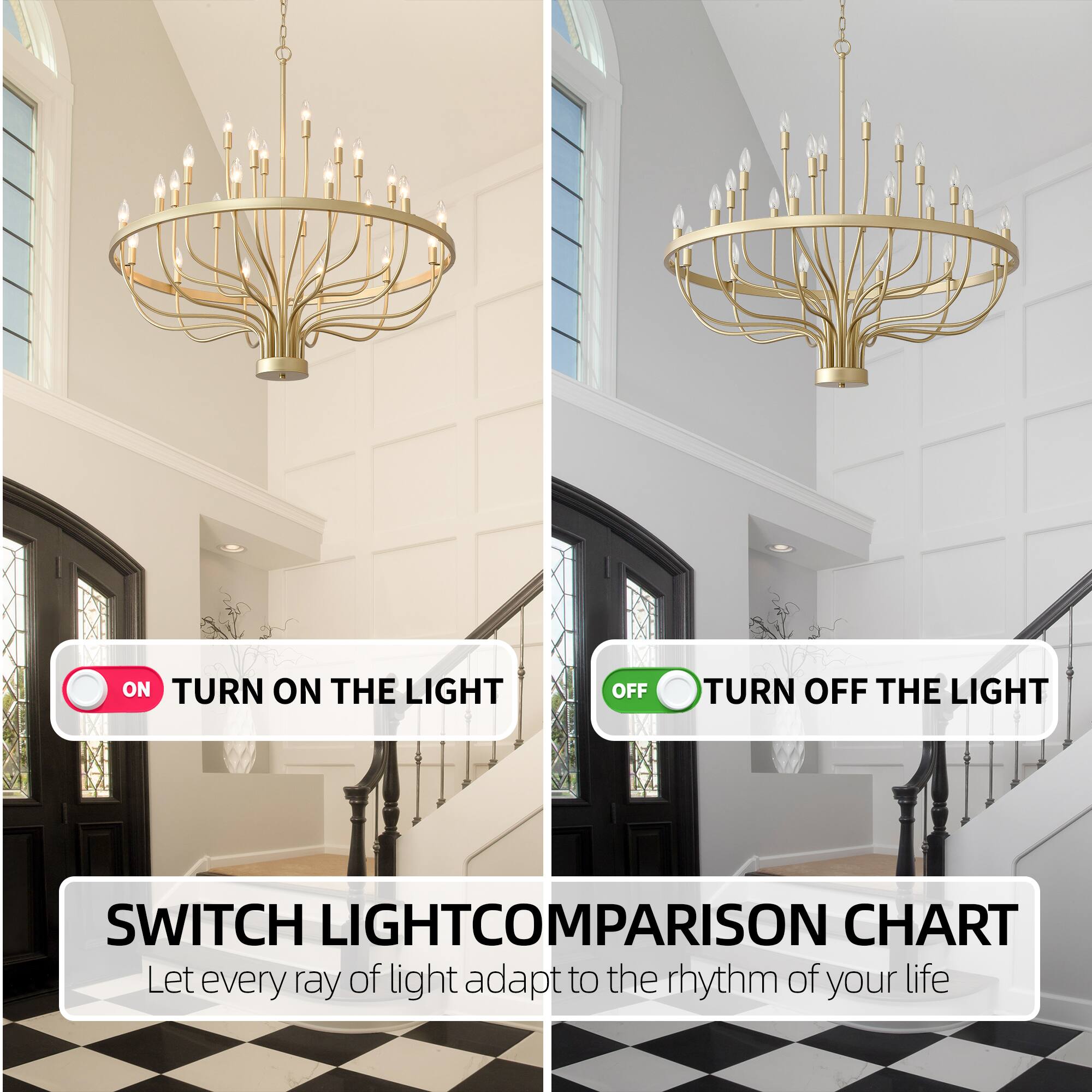 Alt View 2. RYHNUYNE - Gold Chandelier 24 Light Large Chandelier for High Ceilings 39.3in Farmhouse Wagon Wheel Chandeliers for Hallway Foyer - Gold.