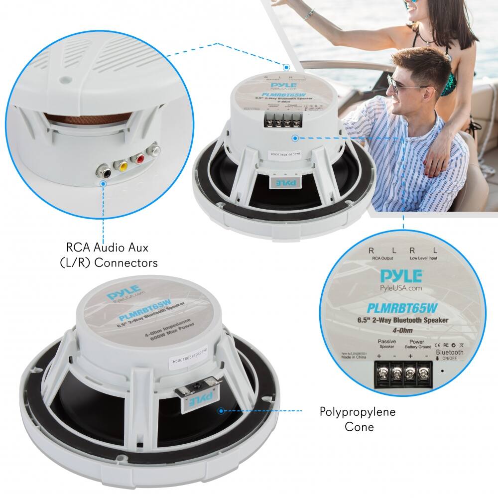 - PYLE RCA Audio Aux (L/R) Connectors
- PYLE PLMRBT65W
- 6.5" 2-Way Bluetooth Speaker
- 4-Ohm Passive Speaker
- 600W Max Power
- Polypropylene Cone
- Bluetooth
- Made in China
- PYLEUSA.com
- PLMRBT65W
- 6.5" 2-Way Bluetooth Speaker
- 4-Ohm Passive Speaker
- 600W Max Power
- Battery Ground
- ON/OFF
- Low Level Input
- RCA Output
- RCA Audio Aux (L/R) Connectors
