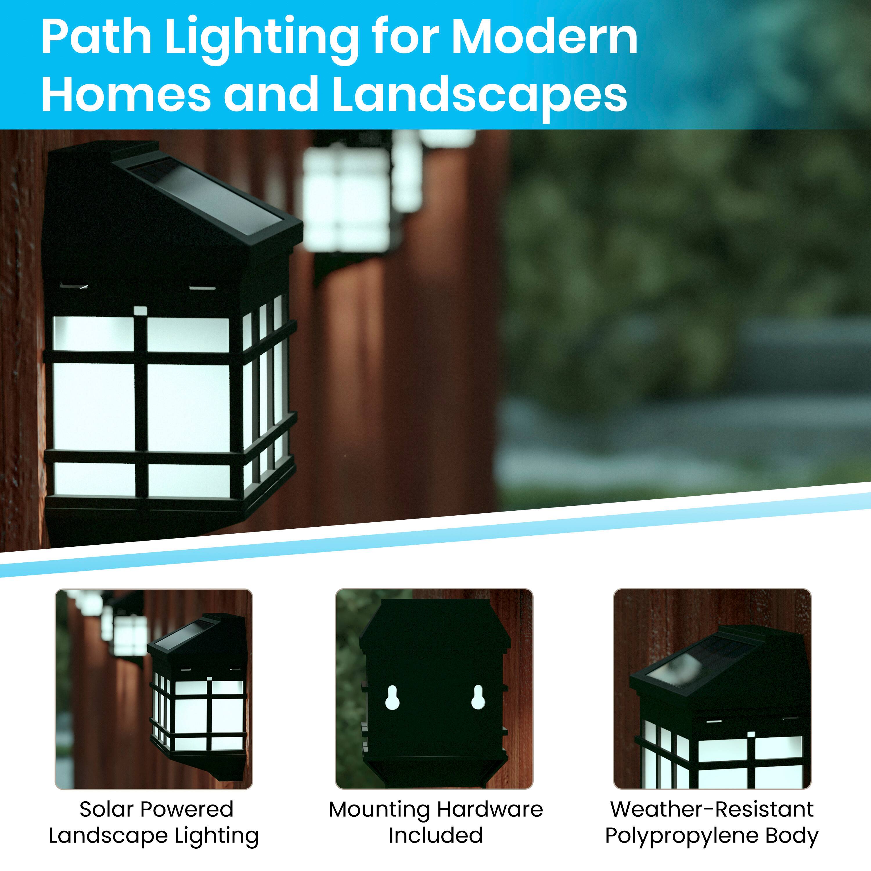 Path Lighting for Modern Homes and Landscapes

- Solar Powered Landscape Lighting
- Mounting Hardware Included
- Weather-Resistant Polypropylene Body