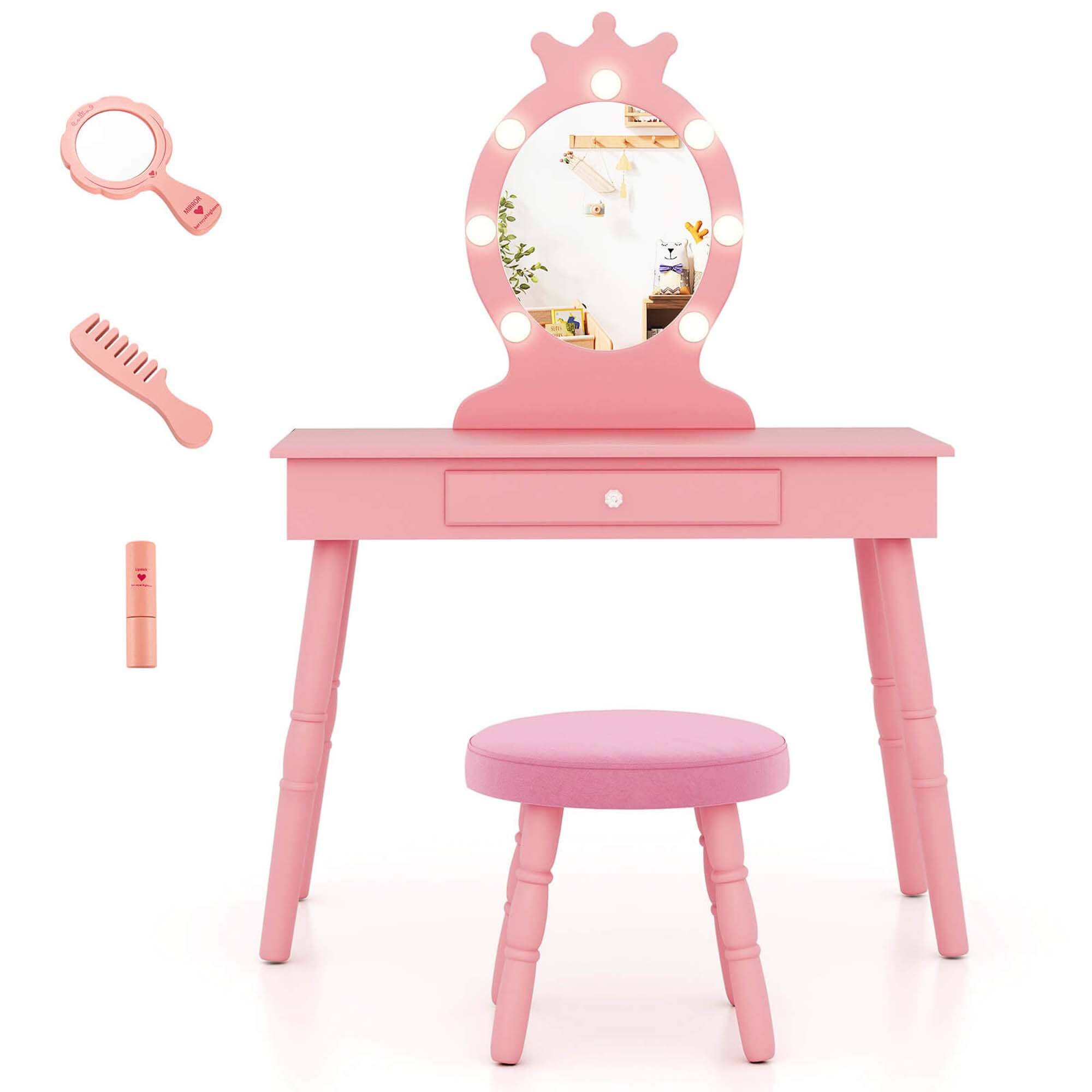 Alt View 9. Costway - Costway Kids Vanity Set Princess Vanity Table & Chair Set with Lighted Mirror - Pink.